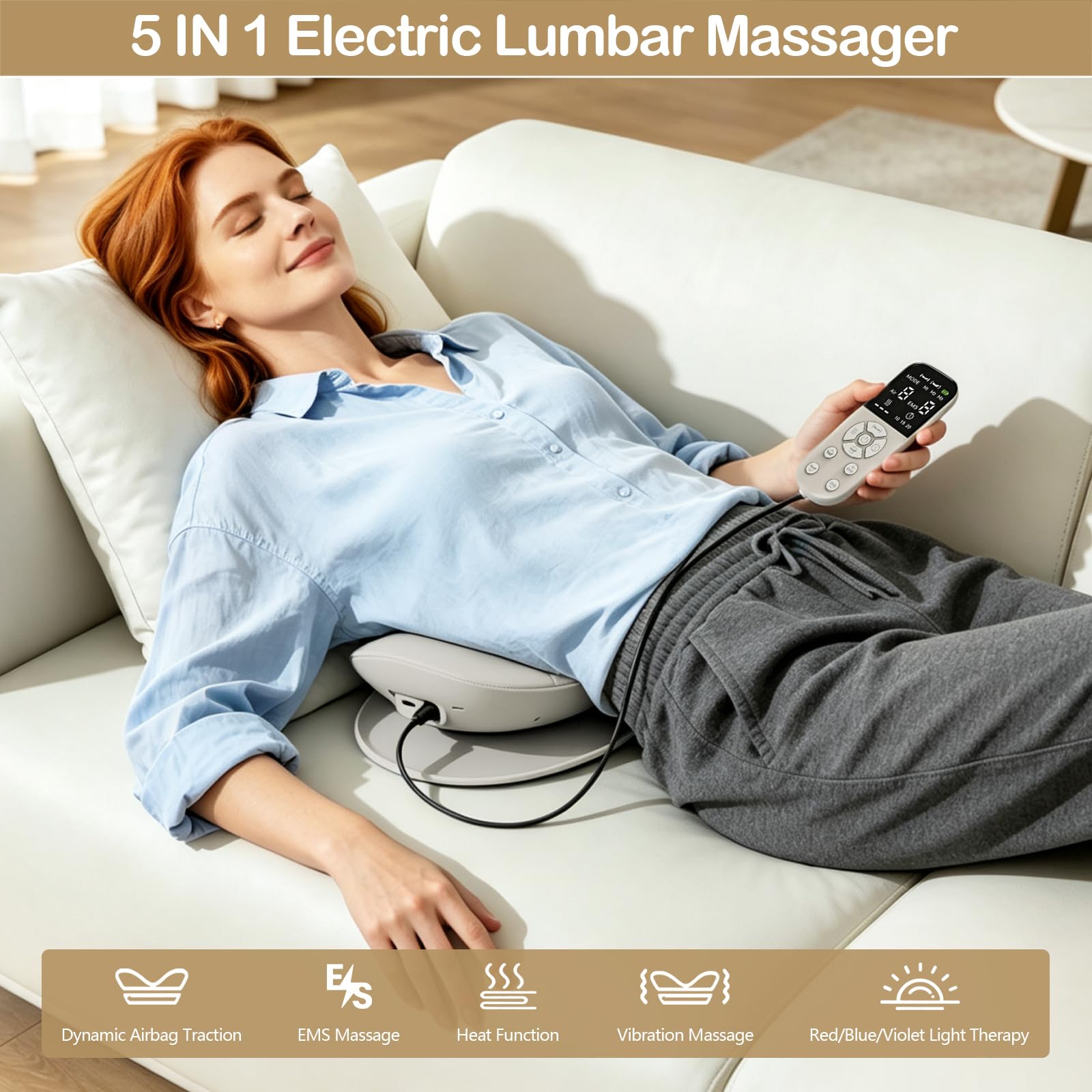 5 en 1 Masajeador Lumbar Eléctrico, Masajeador de Tracción Lumbar con EMS Masajeador, Calor, Vibración, Tracción Airbag y Luz Roja/Azul/Violeta, Masajeador de Espalda con Mando a Distancia