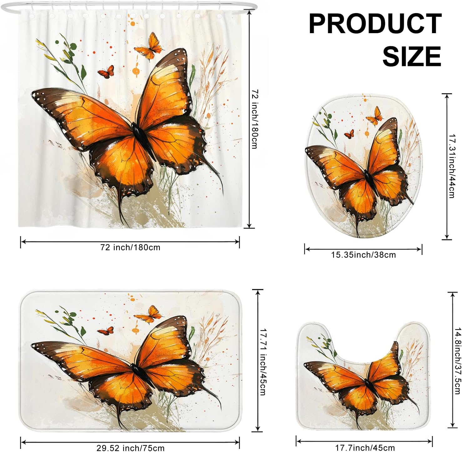 4PCS Spring Watercolor Butterflies Bathroom Accessory Sets with Non-Slip Rug, U Shape and Toilet Lid Cover Mat, Cute Fun Kids Bathroom Curtain Fabric Decor-72''x72''