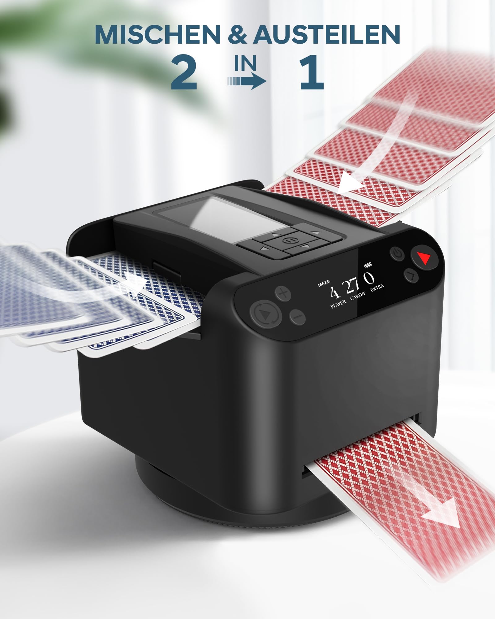 Automatischer Kartenmischer und Austeiler, 360° Drehung für 1–2 Decks, Kartenmischmaschine Kartenmischgerät mit verteiler, 2–12 Spieler mit 4 Fernbedienungen, Wiederaufladbar, Leise für Poker Schwarz