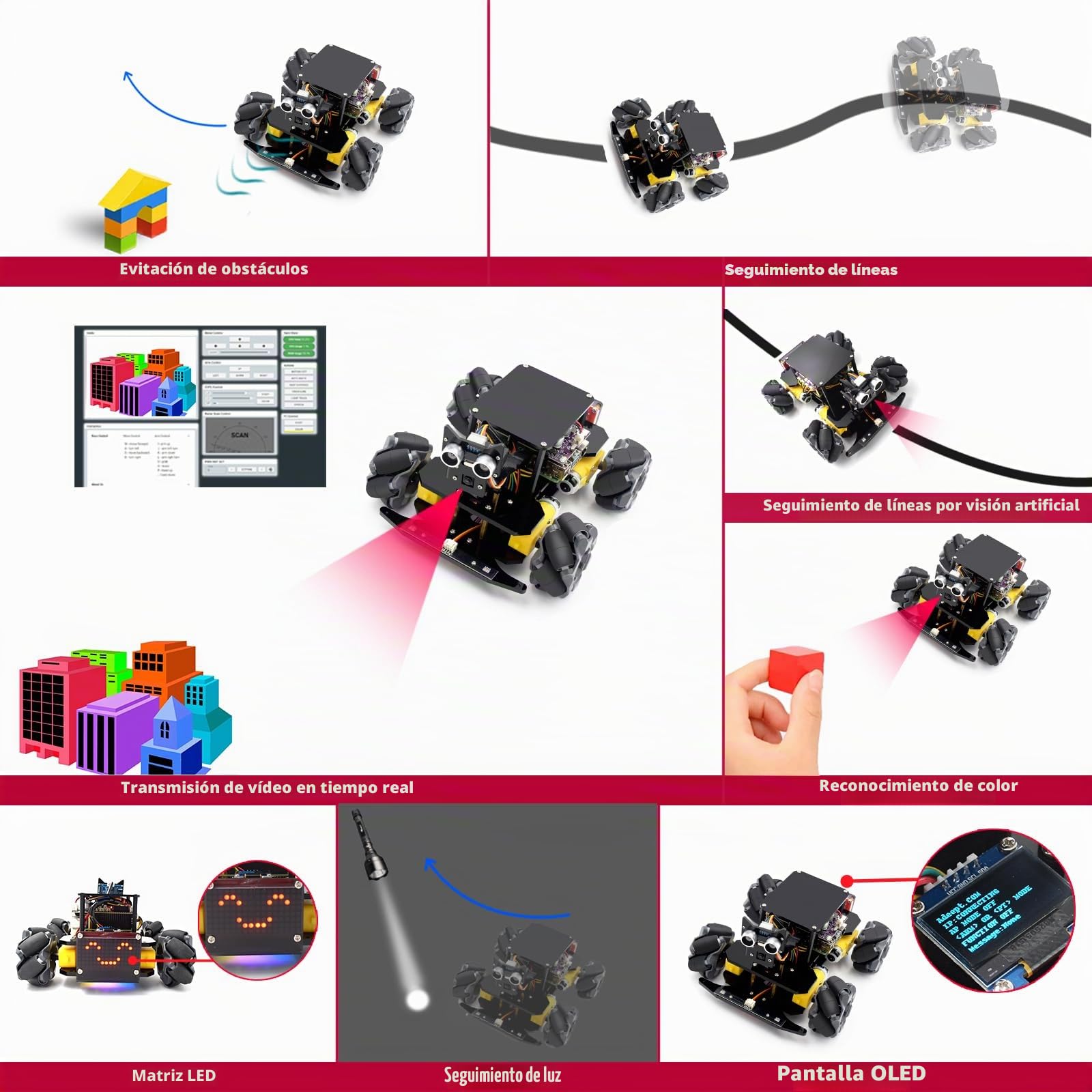 Adeept Kit de coche inteligente 4WD Mecanum Wheel para Raspberry Pi 5/4B/3B/3B+(tarjeta no incluida), seguimiento de línea, seguimiento de luz, prevención de obstáculos, servomotor, pantalla OLED