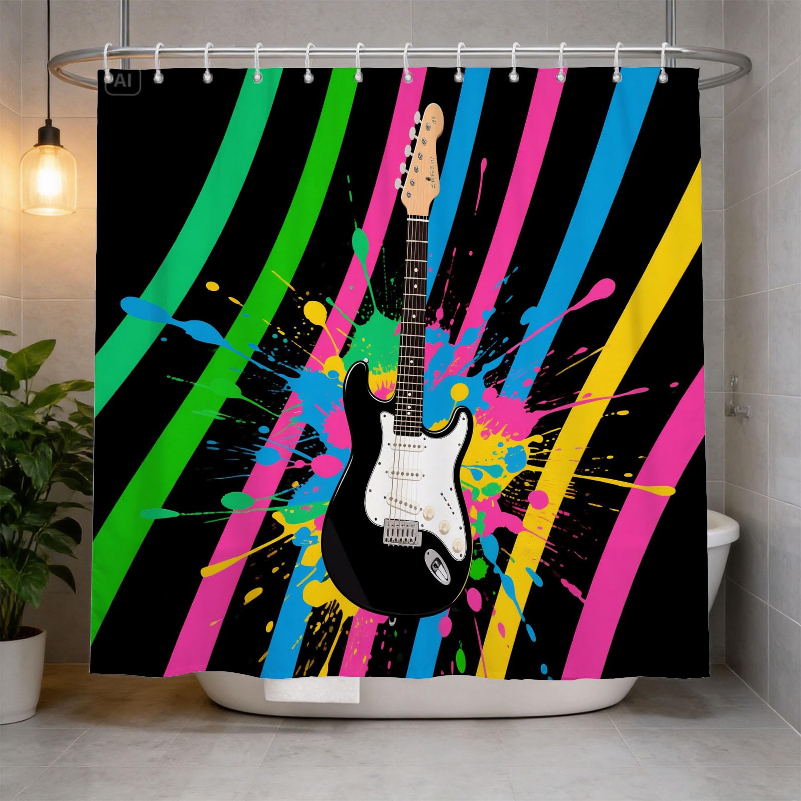 Hongduo 3D Electric Guitar Illustration Shower Curtain for Stalls Bathtubs Musical Instruments Bathroom Decor Shower Curtain Set Polyester Fabric Waterproof 180x200cm/71X79 Inch with Hooks