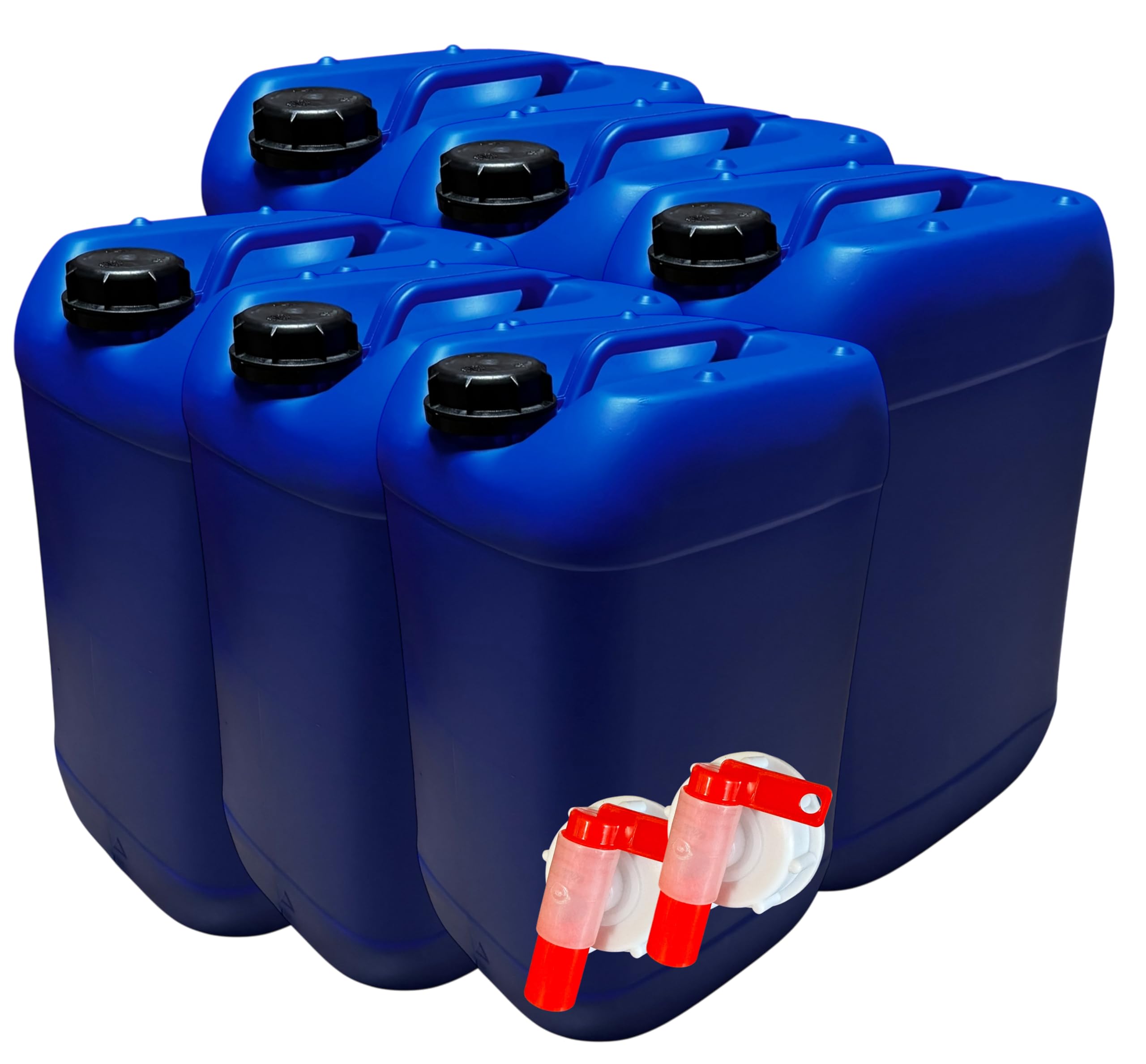 Lot de 6 Bidons Plastique Bleu 25 L litres avec Bouchon Hermétique DIN 61 et 2 Robinets Verseurs – PEHD Résistant pour Liquides Alimentaires et Chimiques – Réutilisable Durable - Jerry can Jerrican