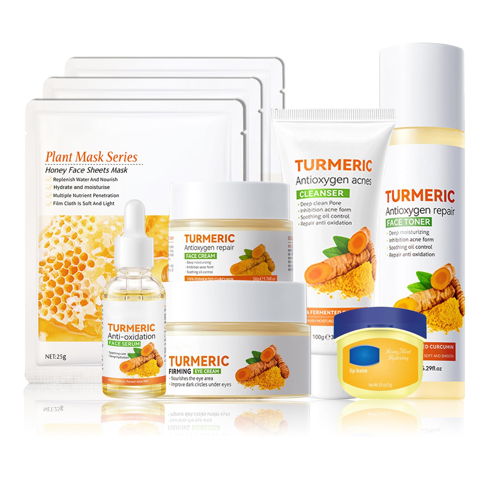 Turmeric Skin Care Set,Facial Kit with Facial Cleanser,Toner,Eye Cream,Face Serum,Honey Lip Balm,Face Cream,Lotion & 3PCS Honey Mask,Travel Skincare