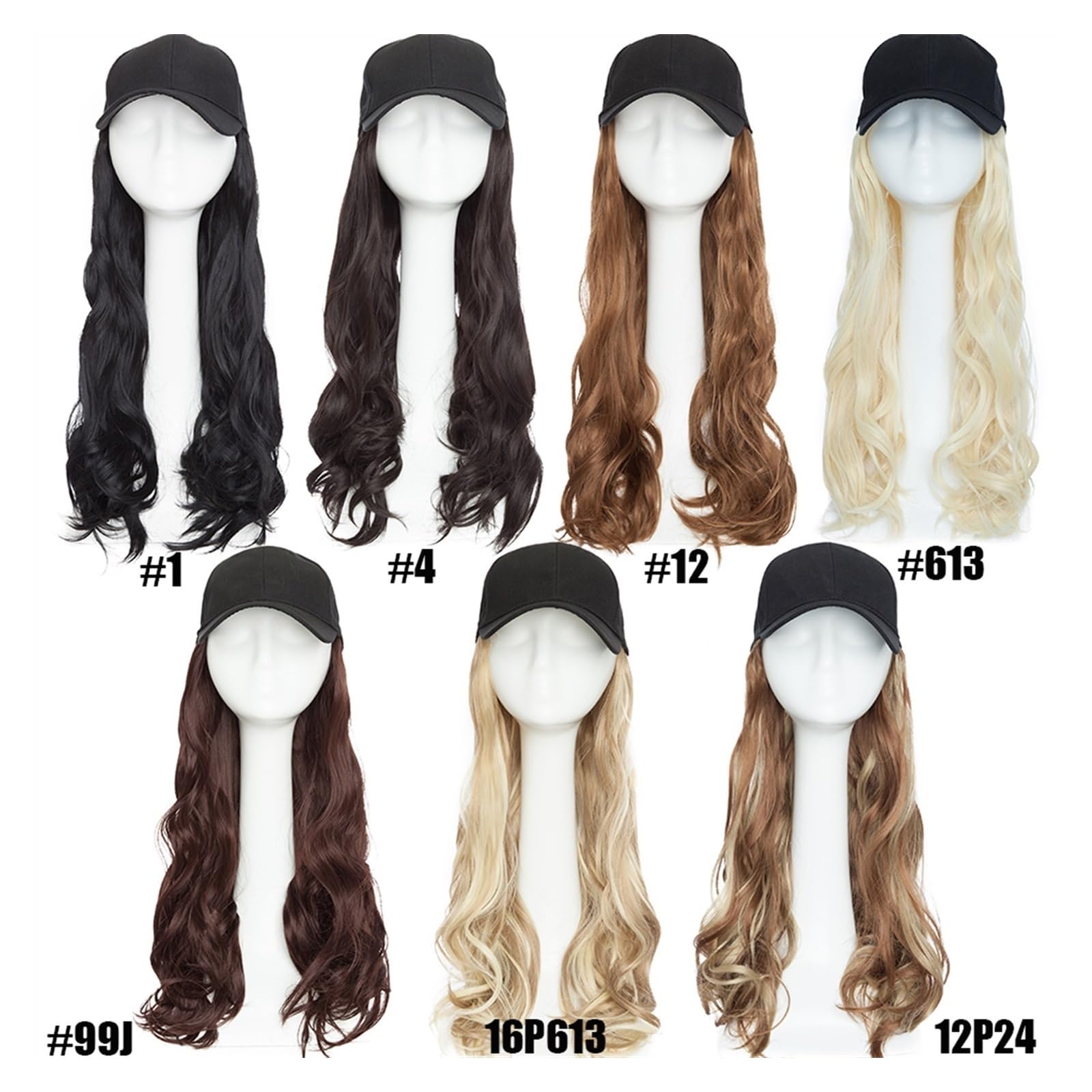 JUNXIAN Wig Cap Synthetic Baseball Cap with Hair Long Wavy Hair Hat Wig Hair Extensions Hat with Hair Natural Hairpiece for Women Wig Hat(7)