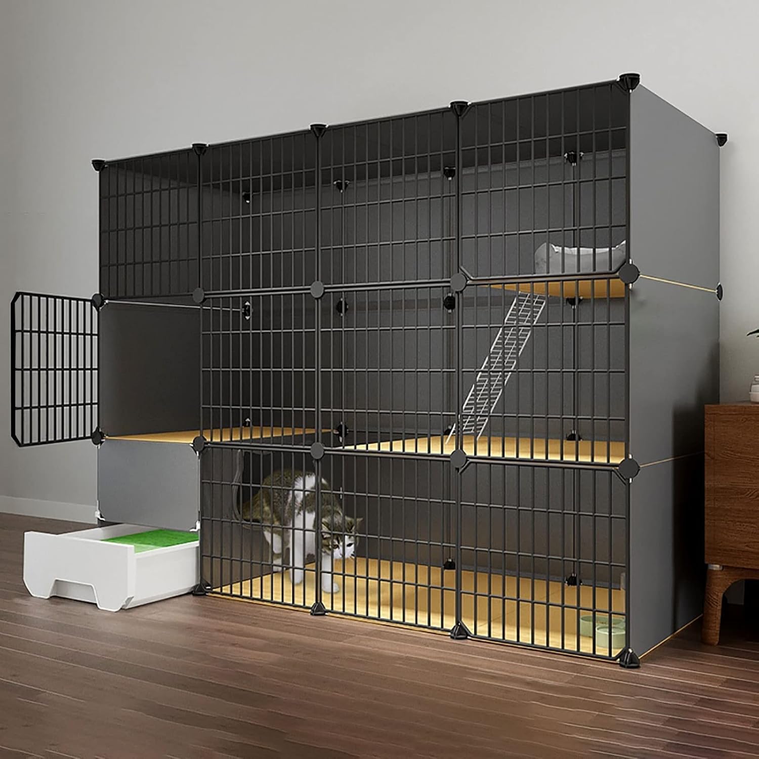 Indoor Cat Cage with Litter Box, DIY Cat Enclosures for Cats, Detachable Wire Cat Cage, Cat Fence, Small Animal Cages for Cats, Gr,Black-147x49x111cm