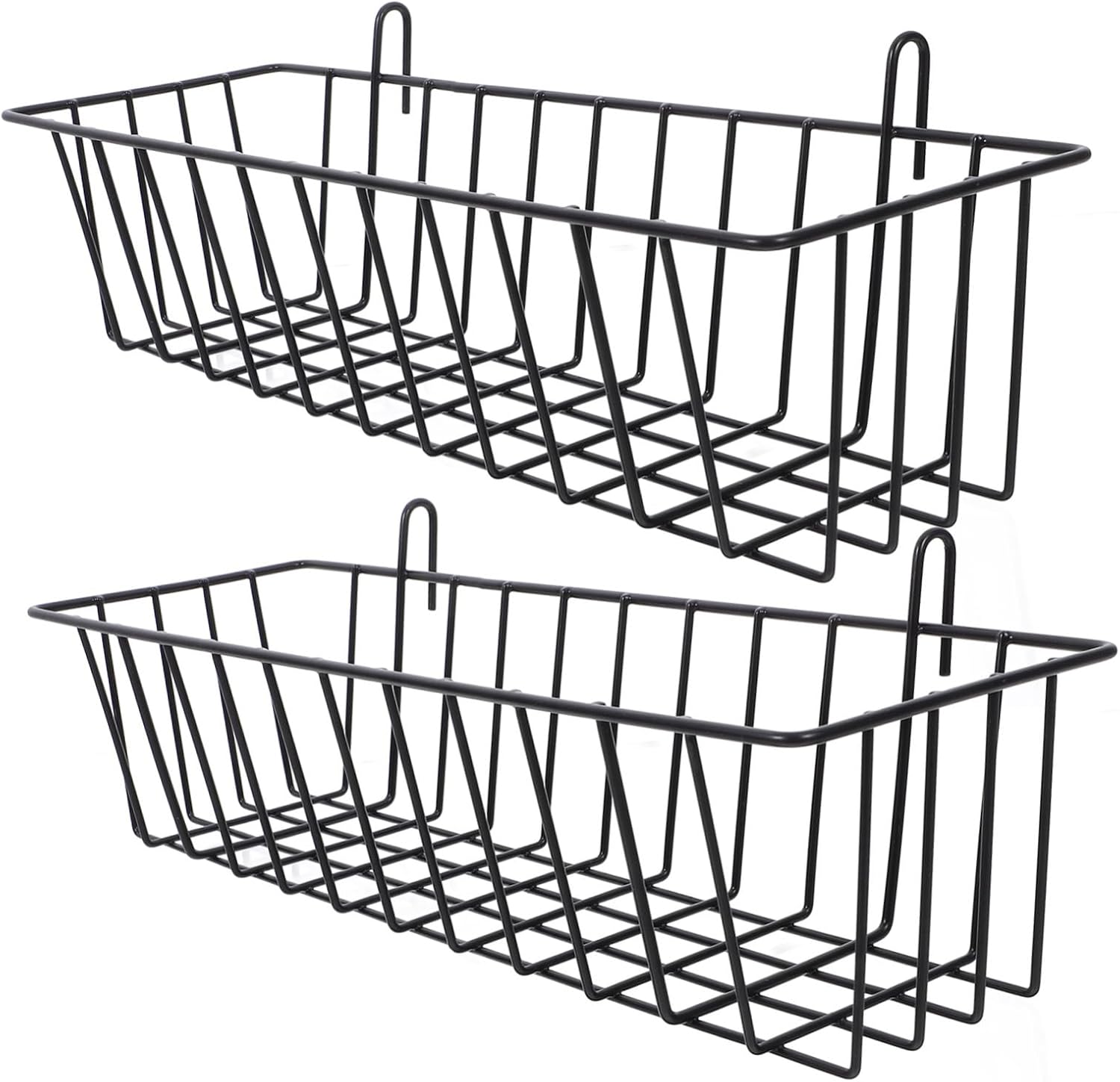 2pcs Iron Grid Wall Baskets, Large Black Open Storage Set | 2Pcs Pack, Robust Build, Clean Modern Design, Basement and Workbench Placement, Designed for Grid Wall