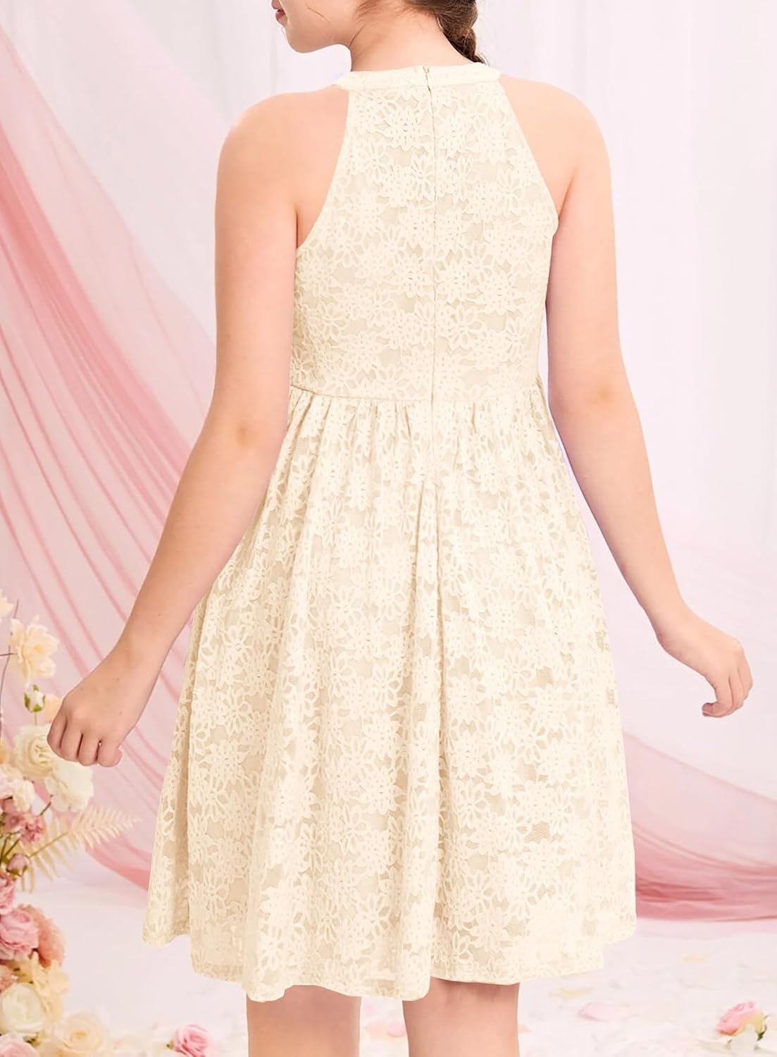 HOSIKA Girls Halter Neck Sleeveless Elegant Floral Lace A-line Flared Swing Party Dress for 6-12 Years Kid - Image 5