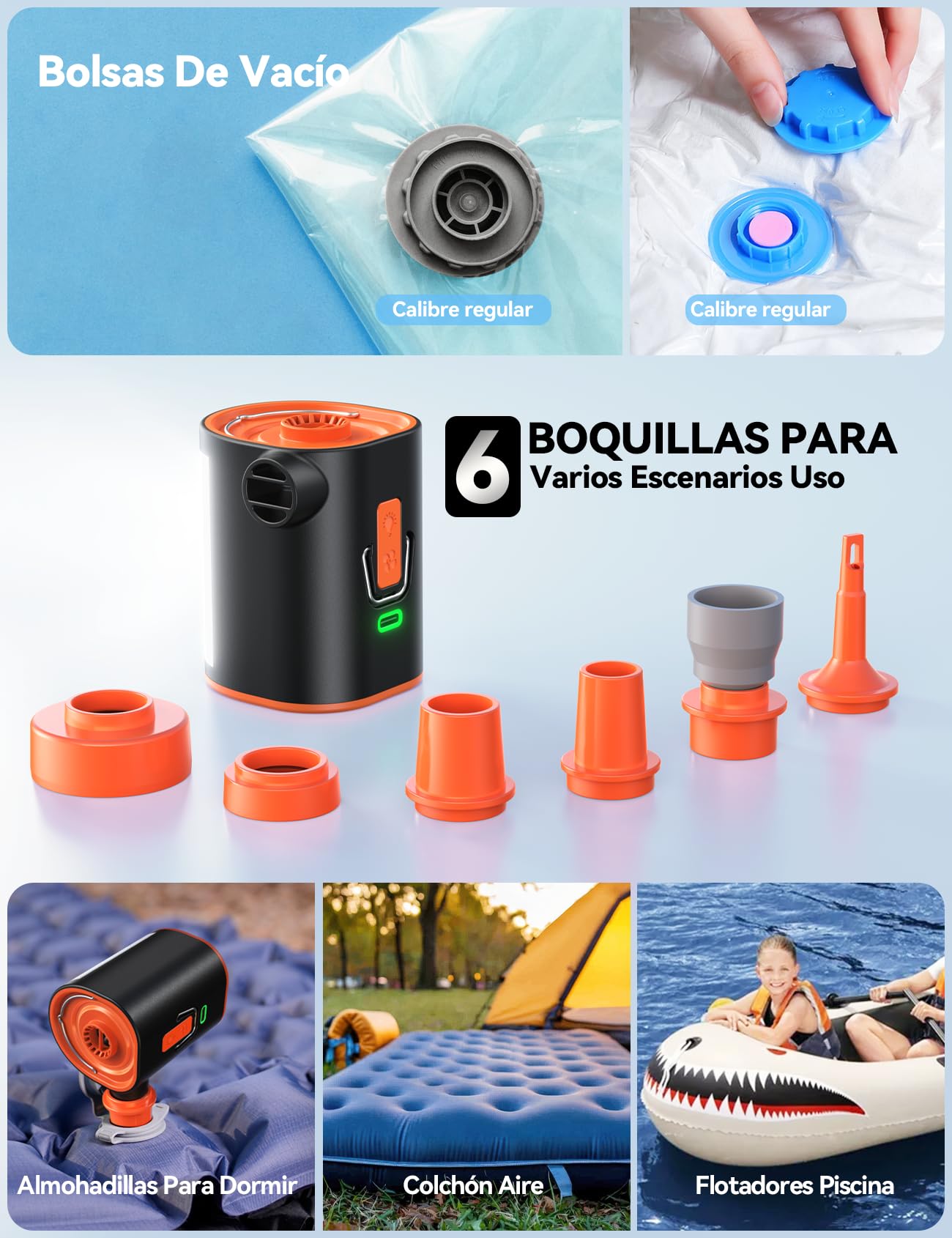 JOYROOM Hinchador Electrico Compacta para Colchón Inflable con Luz Campamento, 4,8kPa Recargable con Inflador Colchon Hinchable Batería 3600mAh, 6 Boquillas para Almohadas Inflables & Bolsas al Vacío