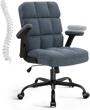 SEATZONE Blue Office Chair with Wheels,Ergonomic Home Office Computer Chair with Flip-up Armrest,Comfy Adjustable Rolling Chair Teddy Fleece