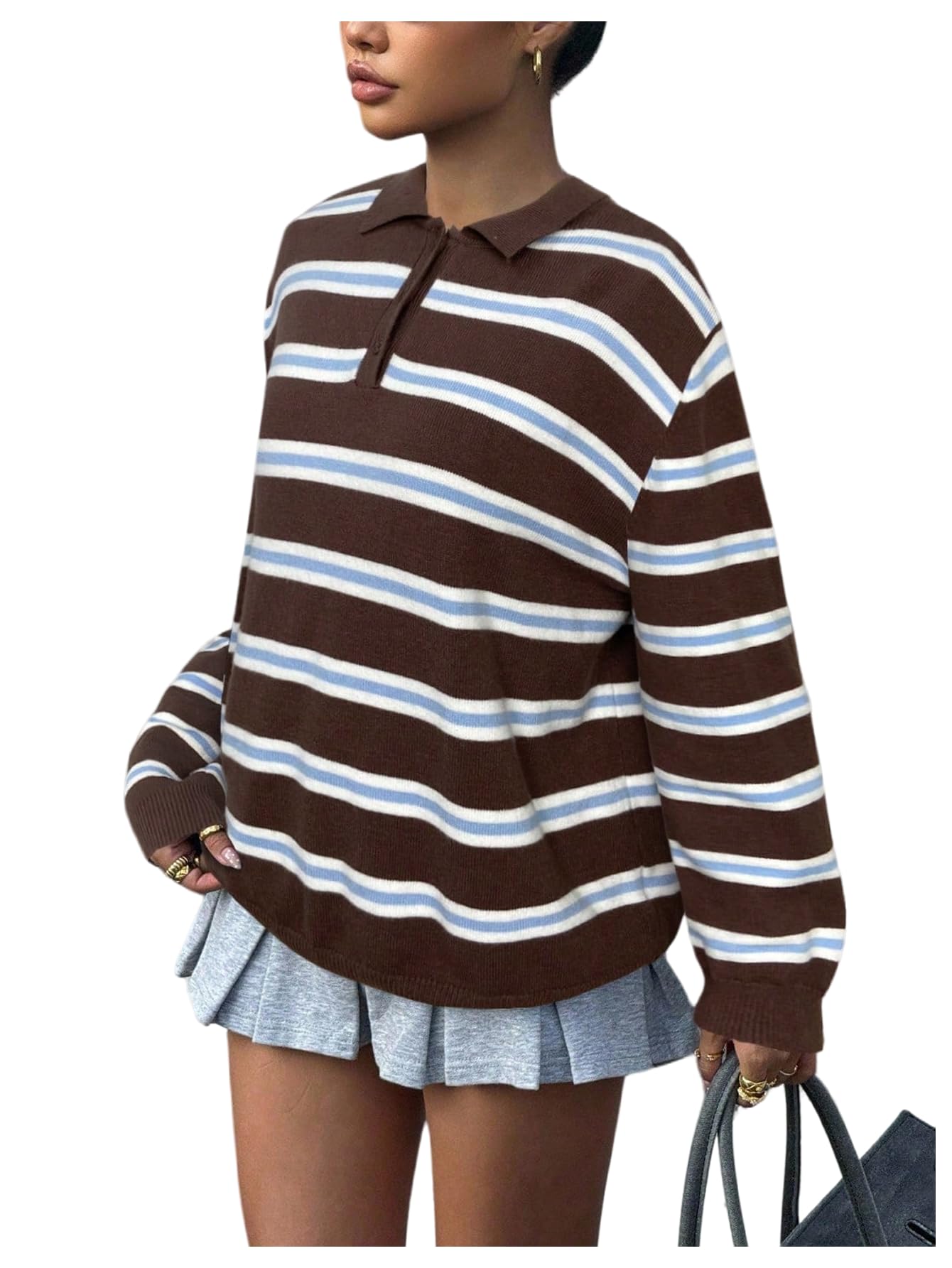 SOLY HUX Womens Striped Sweater Collared Long Sleeve Knit Casual Trendy Preppy Pullover Tops