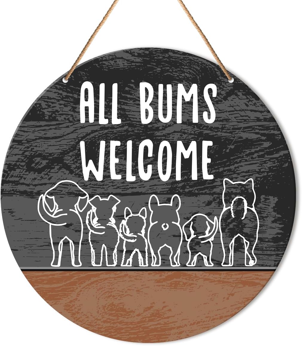 Funny Dog Bathroom Sign Wall Decor, Guest Bathroom Hanging Sign Decor Rustic Wall Decoration Wood Sign for Toilet, Powder Room, Housewarming Gifts for Dog Mom Dad Lover Own, All Bums Welcome
