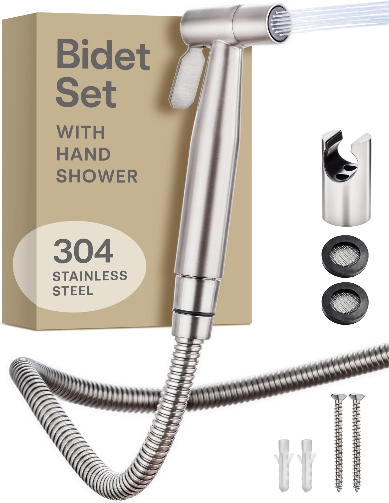 Handheld Bidet Douche Shower Spray for Toilet in Stainless Steel Sprayer, Hose & Holder - Stainless Steel – for Standard G1/2 Connection – Easy to Install