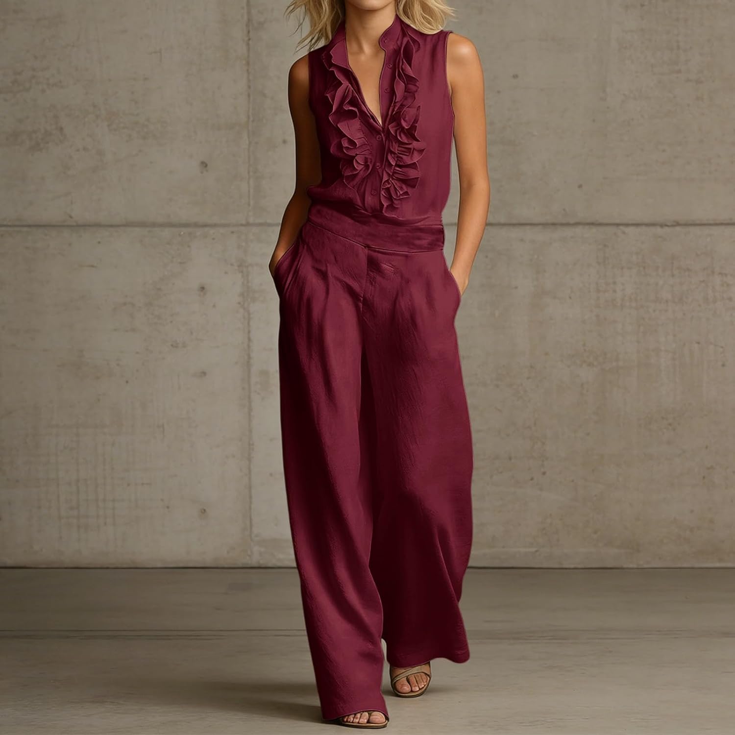 2 Piece Pants Set for Women Sleeveless V Neck Ruffle Shirts Summer Casual Outfits Loose Wide Leg Pants with Pockets