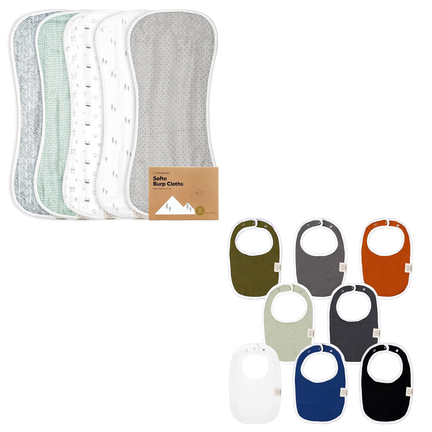 KeaBabies 5-Pack Organic Muslin Baby Burp Cloths and 8-Pack Organic Baby Bibs for Girls & Boys - White Burp Cloth - Teething Baby Bibs for Boy, Girl - Burp Rags - Newborn Bibs for Baby