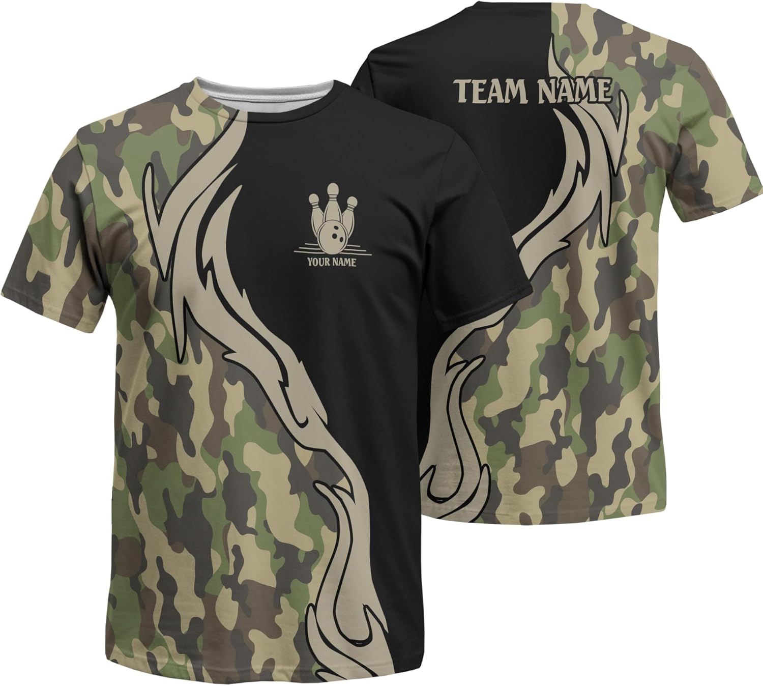 Custom Name Bowling Tshirt 3 D Tee with Strike Theme Graphic On it for Camo Lover Bowling Lover