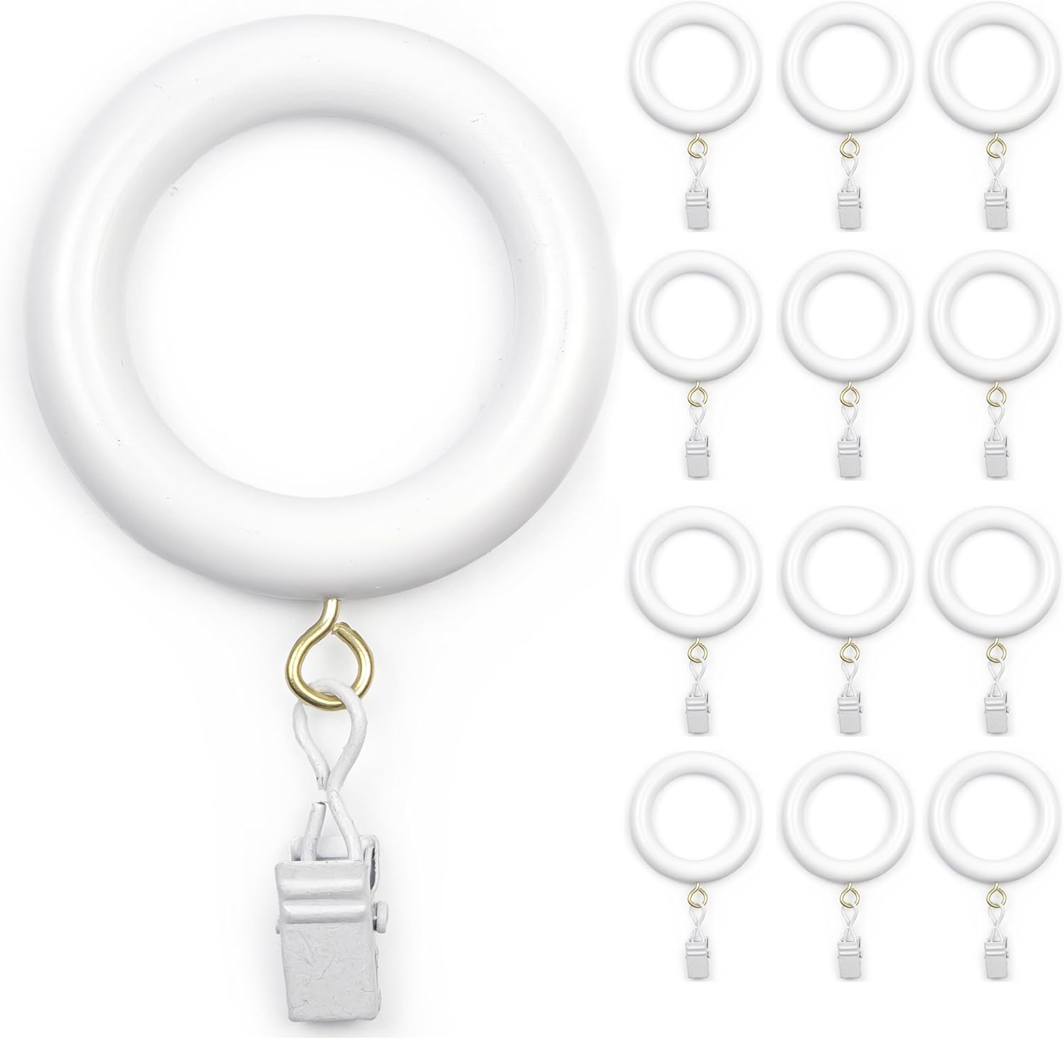 50 Pack of White 2.5 Inch, Wooden Curtain Rod Rings with Clips, Decorative Drapery Hooks for Hanging Drapes, Vintage, Cafe and Shower Curtains, Tension Rod Hangers & Home Decor, 1.75 Inner Dia.