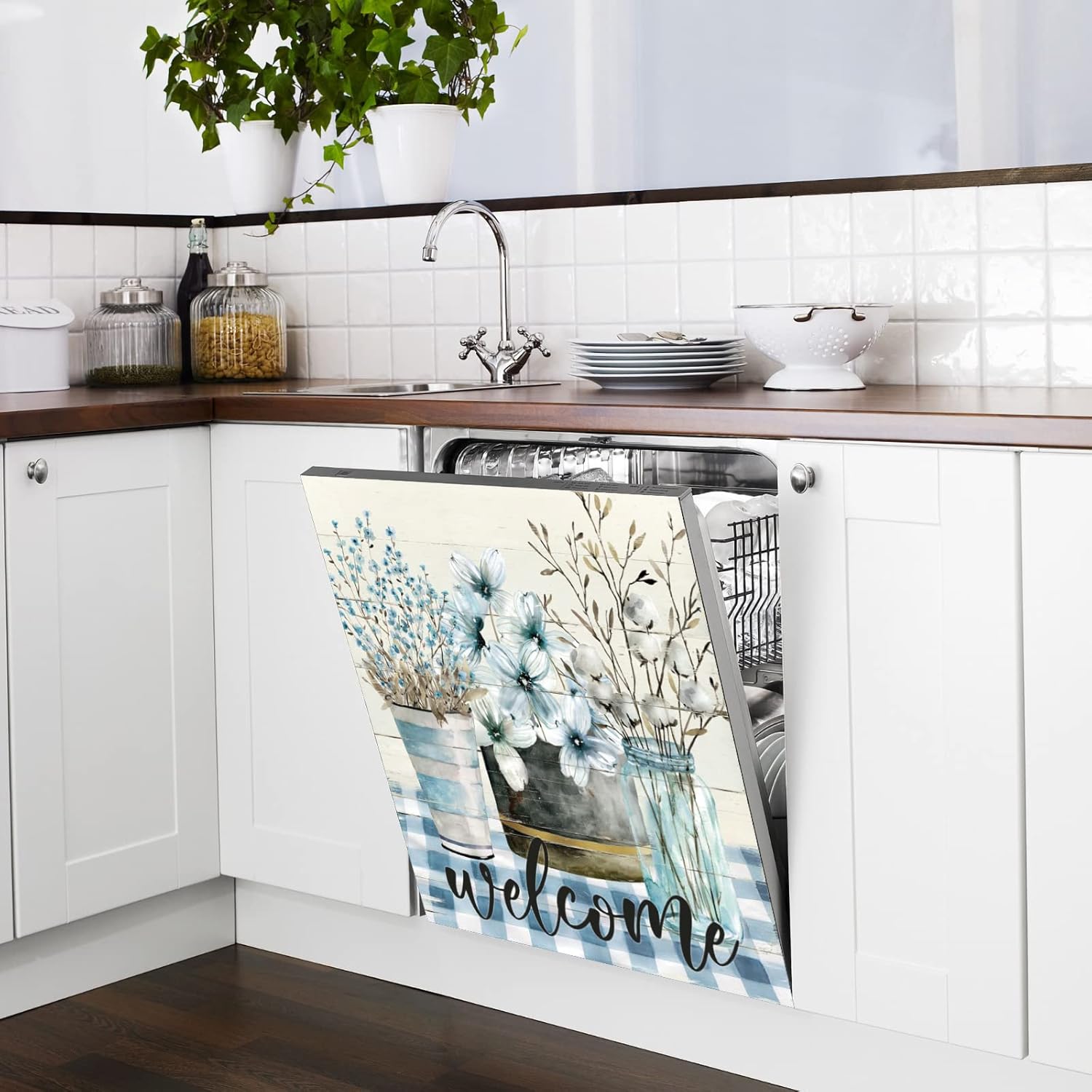 Kapok and Flower Vase,Rural Dishwasher Cover Kapok Magnet Decal,Welcome Kitchen Panel Appliances Sticker, Flower Jar and Rustic Wood,Kitchen Wallpaper Flower Decorative 23x26inch