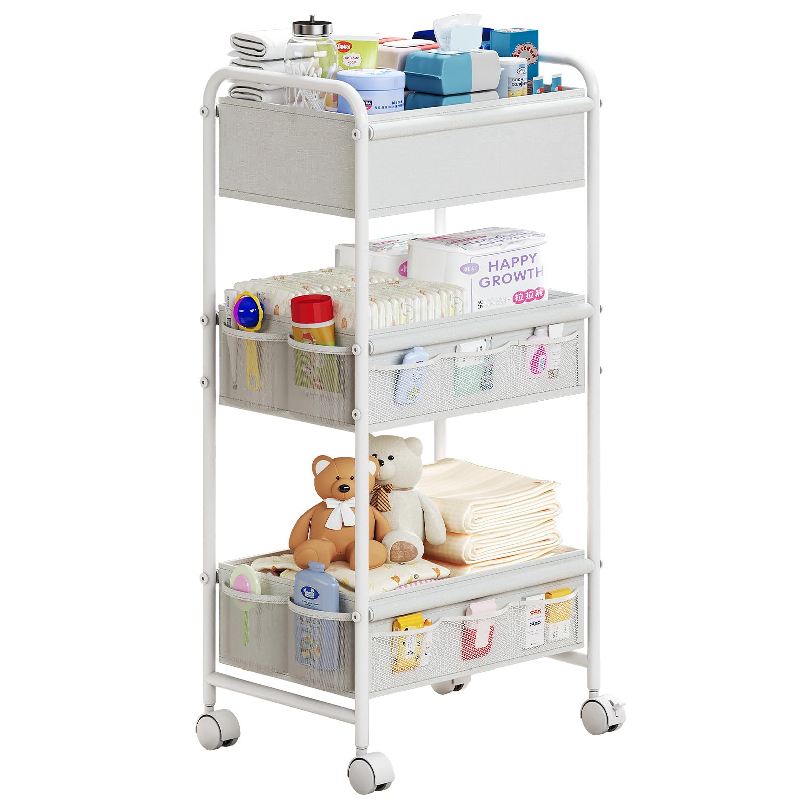 Organizador de pañales para bebé de 3 niveles, carrito móvil para guardería con ruedas, 2 divisores, 14 bolsillos de malla, carrito utilitario de metal duradero para guardería, dormitorio, baño, artículos esenciales.