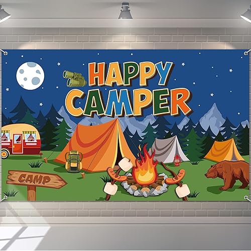 Tatuo Telón de fondo de campamento Happy Camper - Fondo de fotos para colgar en la pared para niños, niños, adolescentes, suministros de fiesta de