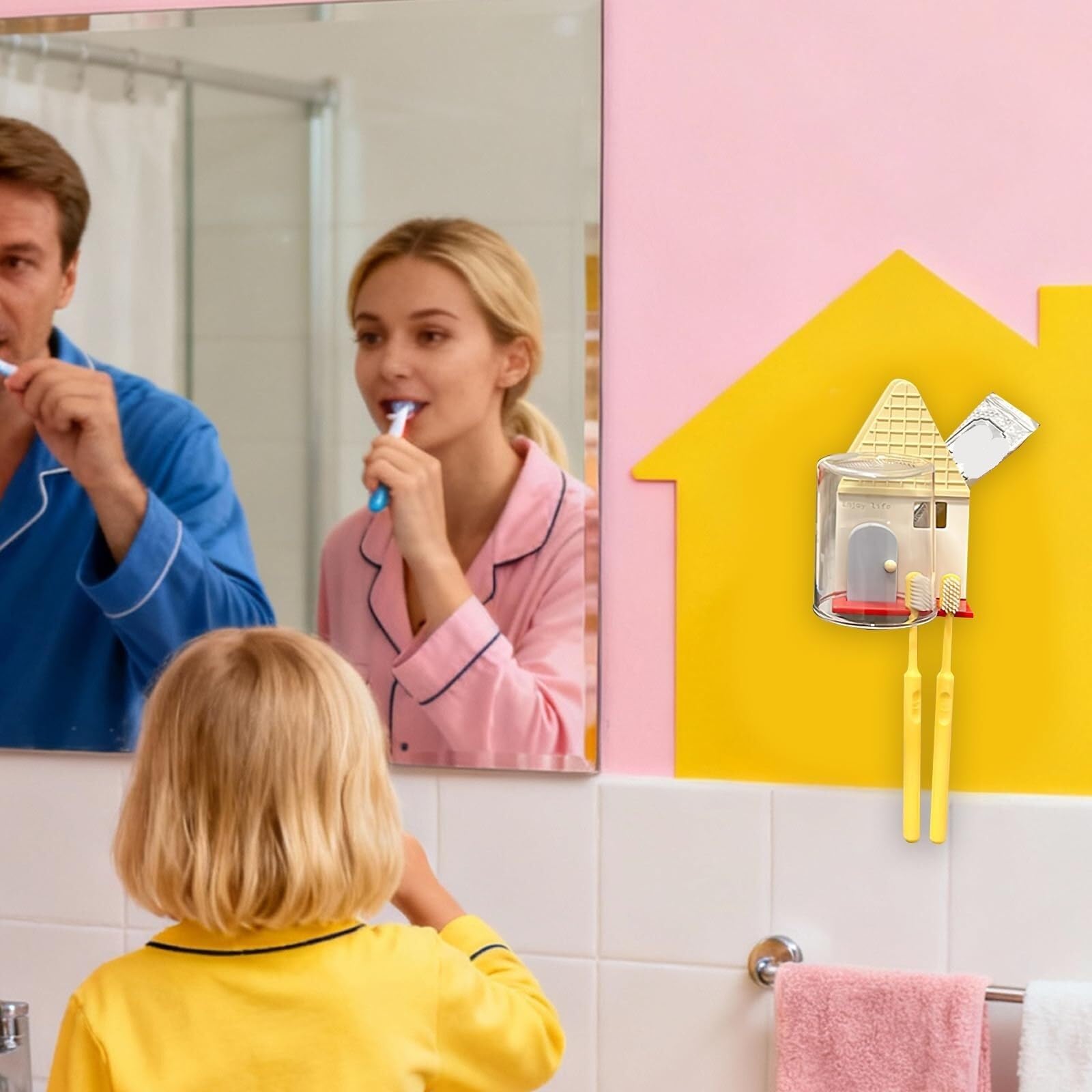 Porta Cepillos De Dientes Hotel Tenedor Montado En La Pared del Cepillo De Dientes Forma Casa con Taza Ningún Organizador Cuarto Baño Taladro Accesorios Baño(Yellow)