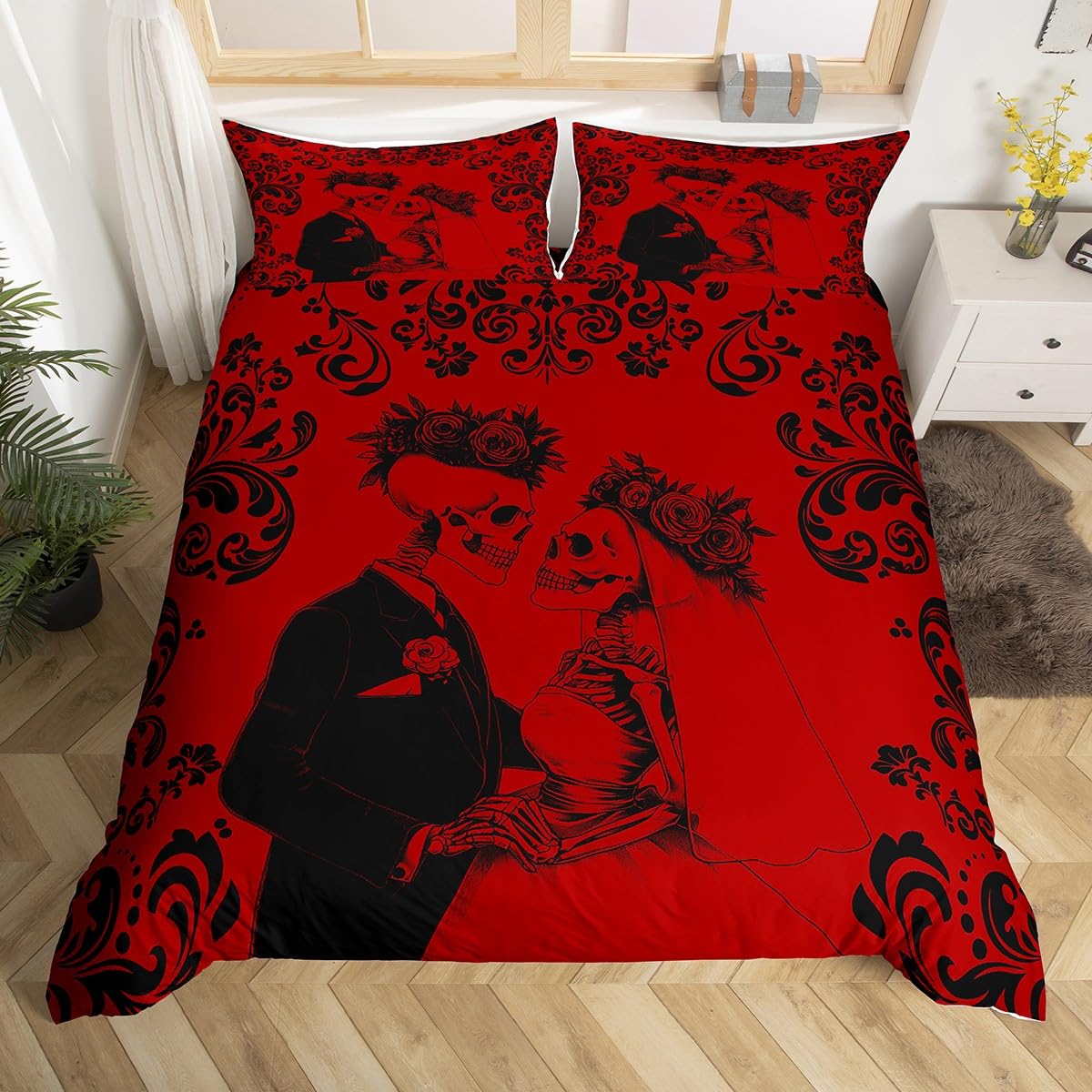 Erosebridal Bettwäsche-Set Gothic Design – Rot-schwarzes Totenkopf-Motiv Mit Spannbetttuch