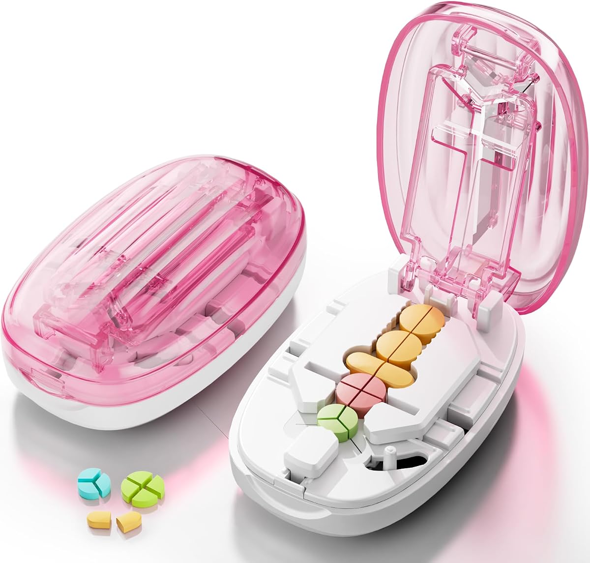 Pill Cutter Splitter for Small and Tiny Pills, 1/2 1/4 Pill Splitter for Small Pills,Tablets in Half or Quarters, Accurate and Easy Cutting, Stainless Steel Blade, Back Storage (Pink)
