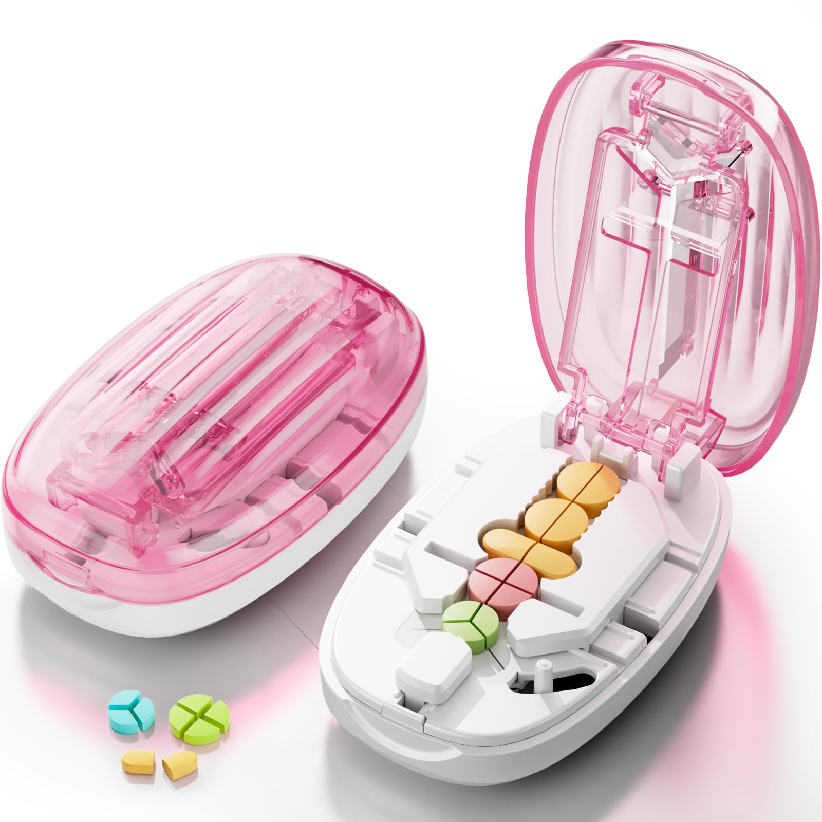 Pill Cutter Splitter for Small and Tiny Pills, 1/2 1/4 Pill Splitter for Small Pills,Tablets in Half or Quarters, Accurate and Easy Cutting, Stainless Steel Blade, Back Storage (Pink)