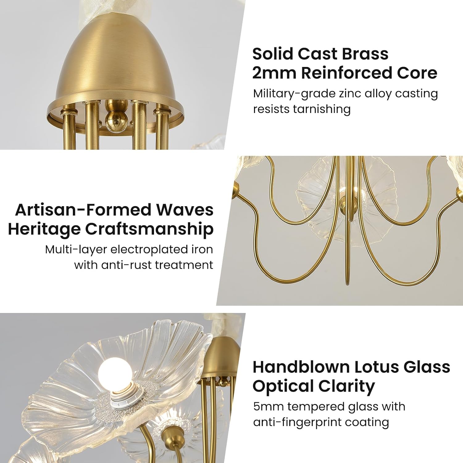 33.4" Modern Floral Glass Chandelier, 6-Light Extra Large Ceiling Light Fixture with Clear Flower Shades, Brass Gold Accents for Living Room, Bedroom, Dining Room