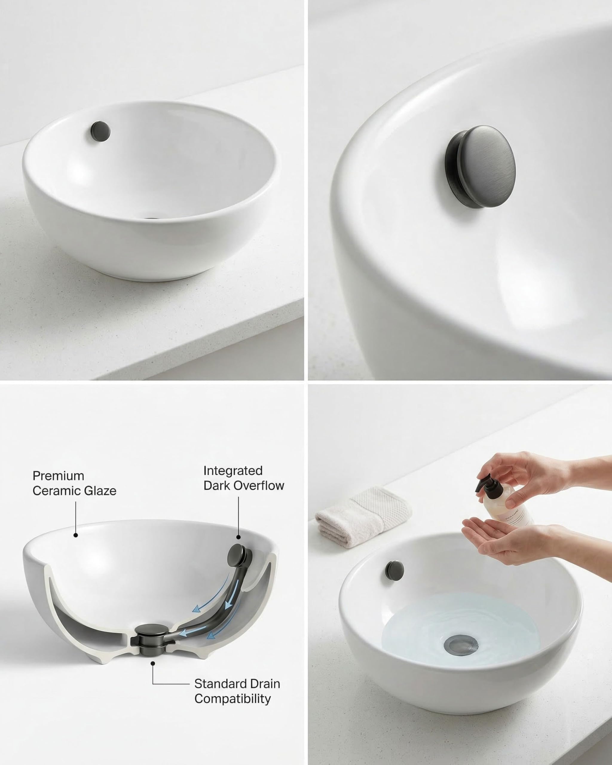 DocciaSì® - Lavabo da Appoggio in Ceramica Bianca Rotondo 43,5x16 cm, Lavandino Bagno da Appoggio Moderno per Mobile o Piano d’Appoggio, Design Minimal e Superficie Lucida Facile da Pulire