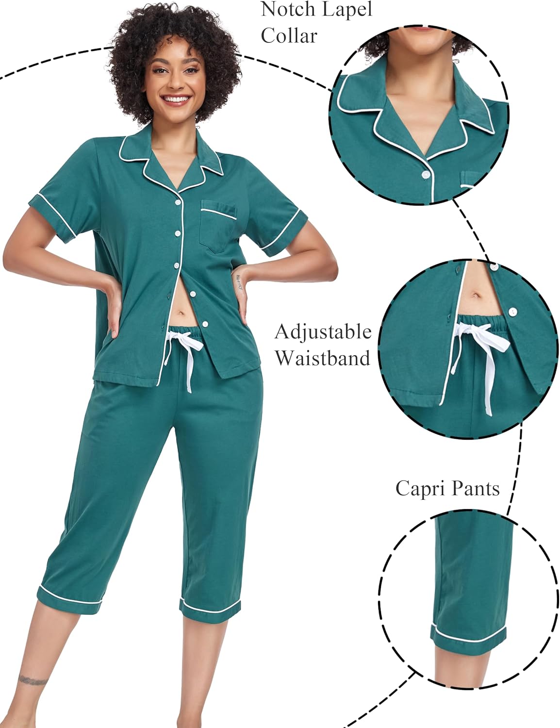 COLORFULLEAF 100% Cotton Women's Pajama Sets Short Sleeve Capri Pajamas for Women Set Button Down Pjs Soft Sleepwear Summer - Image 5