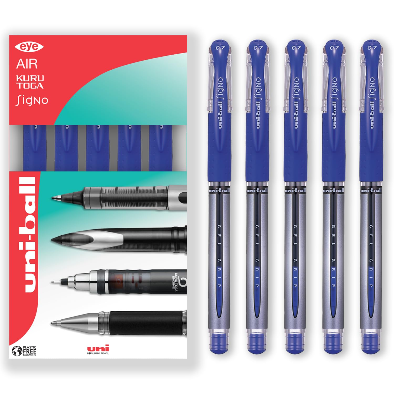 uni-ball UM-151 Signo Gel Grip Rollerball Pen - 0.7mm - In Envelope Gift Packaging (Pack of 5, Blue)