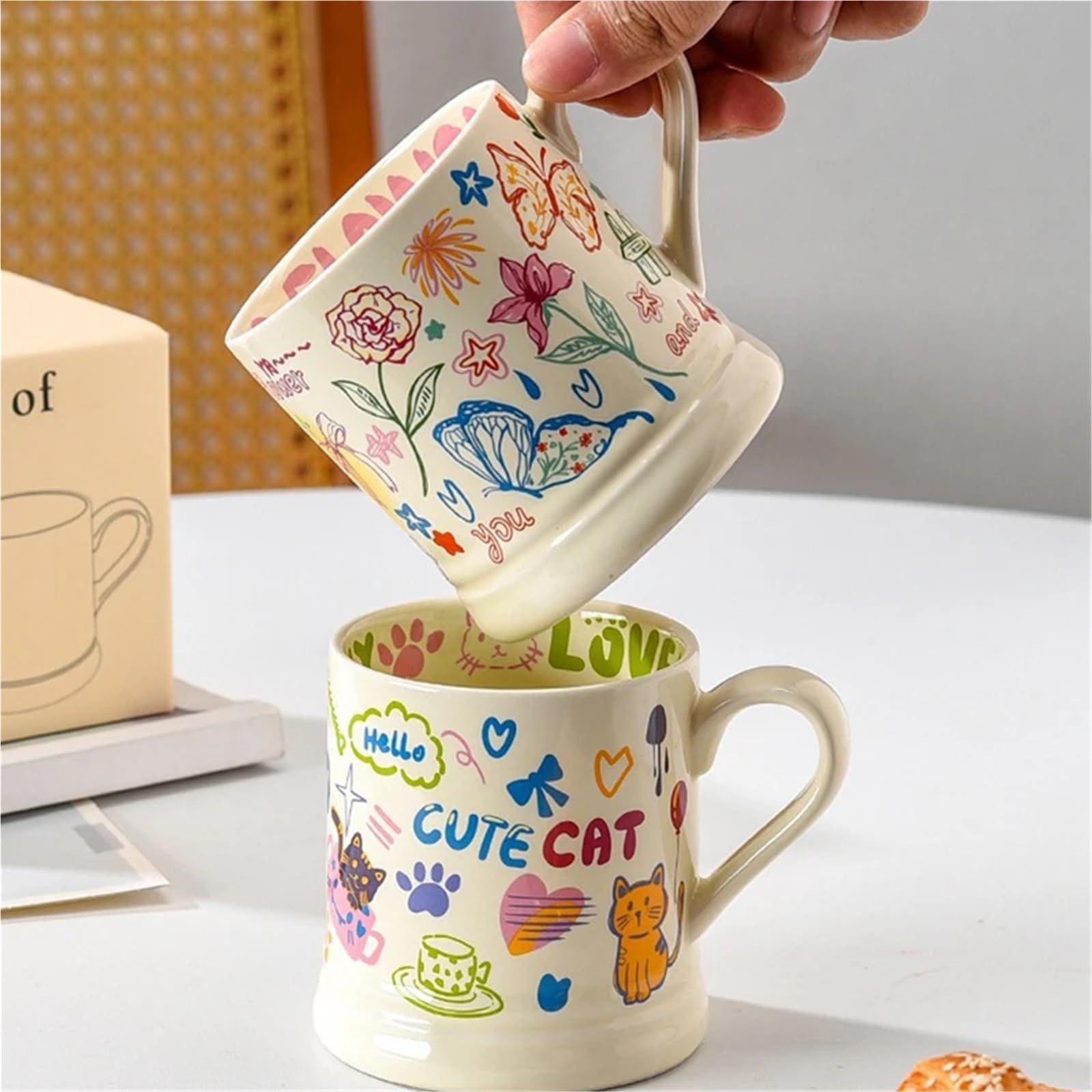 Tazas con Estampado de Flores, 2 uds., 370ml, Taza de café Creativa, Taza for Beber, Desayuno, Leche, Zumo, Grafiti Bonito, Taza de Agua for el hogar para Café y Leche