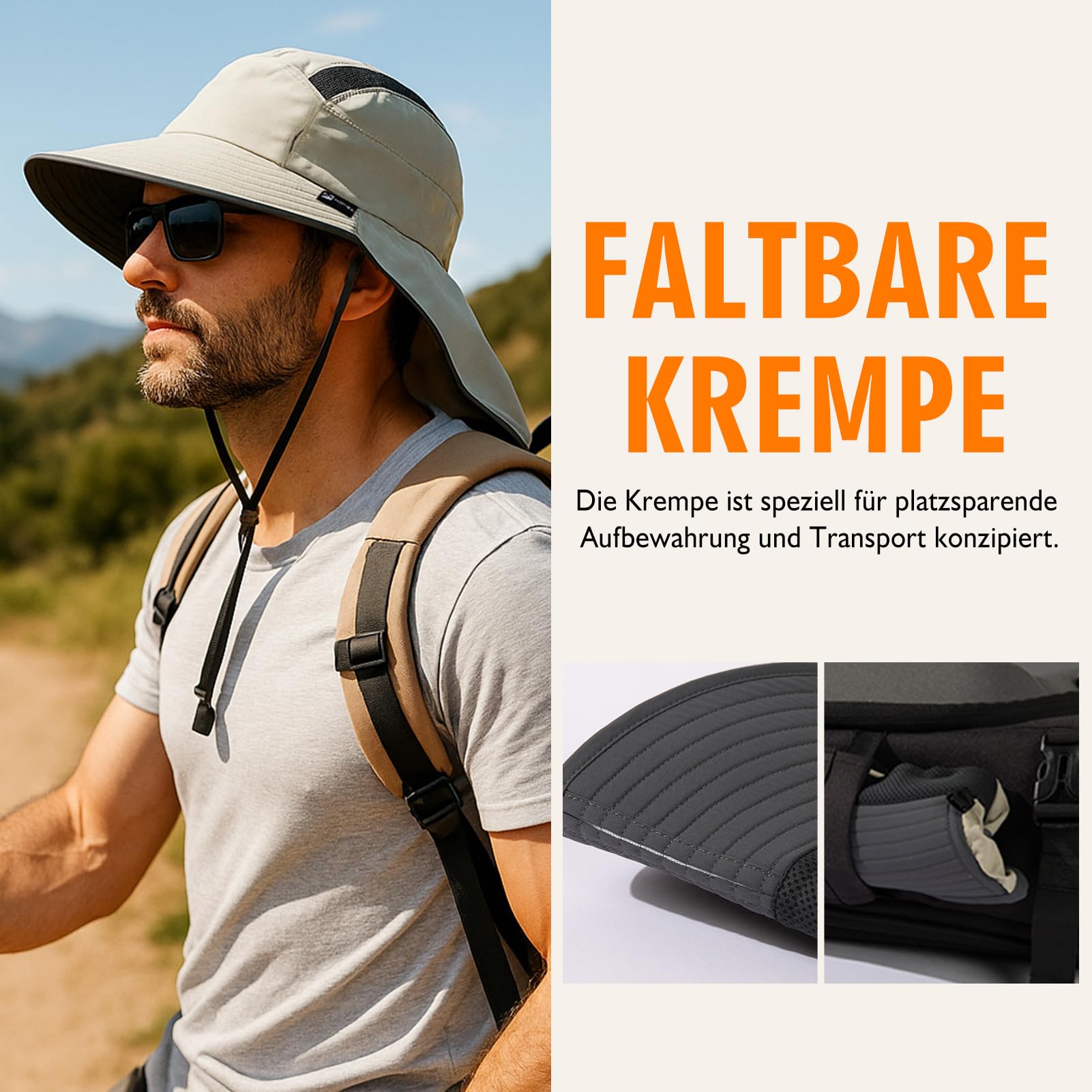 TOP-EX Chapeau de soleil unisexe à large bord pour homme avec protection de la nuque, porte-lunettes de soleil, chapeau d'été pour safari, chapeau d'été imperméable et pliable