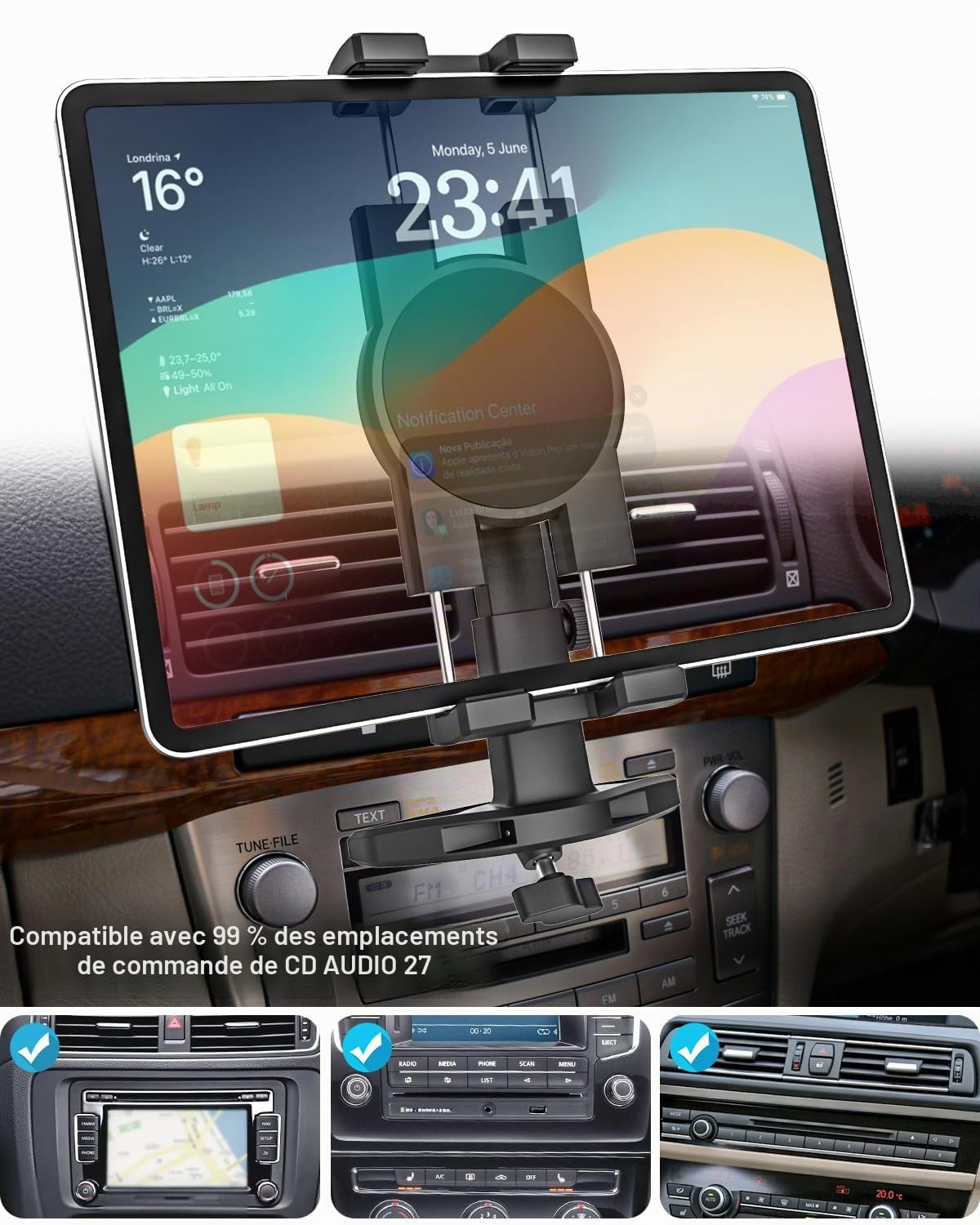 GDZN Support Tablette Voiture Fente CD, [Hauteur Réglable] Porte Tablette Lecteur CD Voiture avec Bras Télescopique pour 4 à 13 Pouces iPad Pro 12.9, Air Mini, Samsung Tab, Lenovo, iPhone