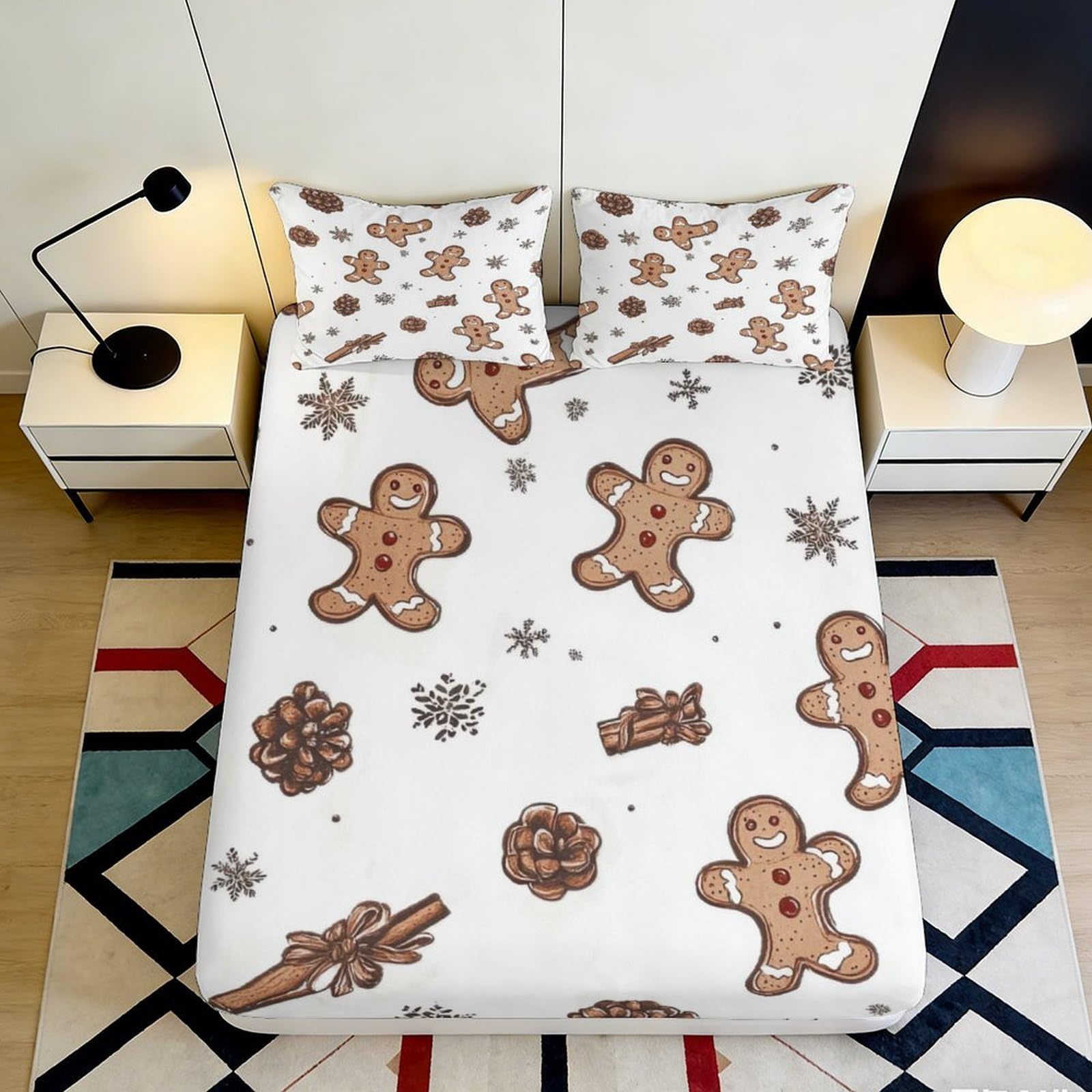 3D Printed Gingerbread Cookie Fitted Sheet Microfiber Non-Slip Pinecone Cinnamon Mattress Cover for Bedroom Dorm Decor 90x200x25cm