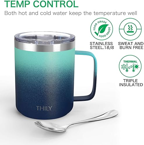 Miniatura 7 de THILY Taza de viaje aislada de acero inoxidable de 12 onzas con asa, tapa a prueba de derrames, mantiene el café frío o horas calientes, rosa y verde