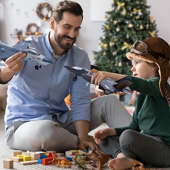 HOLYFUN Double Fighter Jet Toy F35 & F16 Die-Cast Aircraft with Light & Sound Pull Back Military Plane Toy Gift for Children & Boys