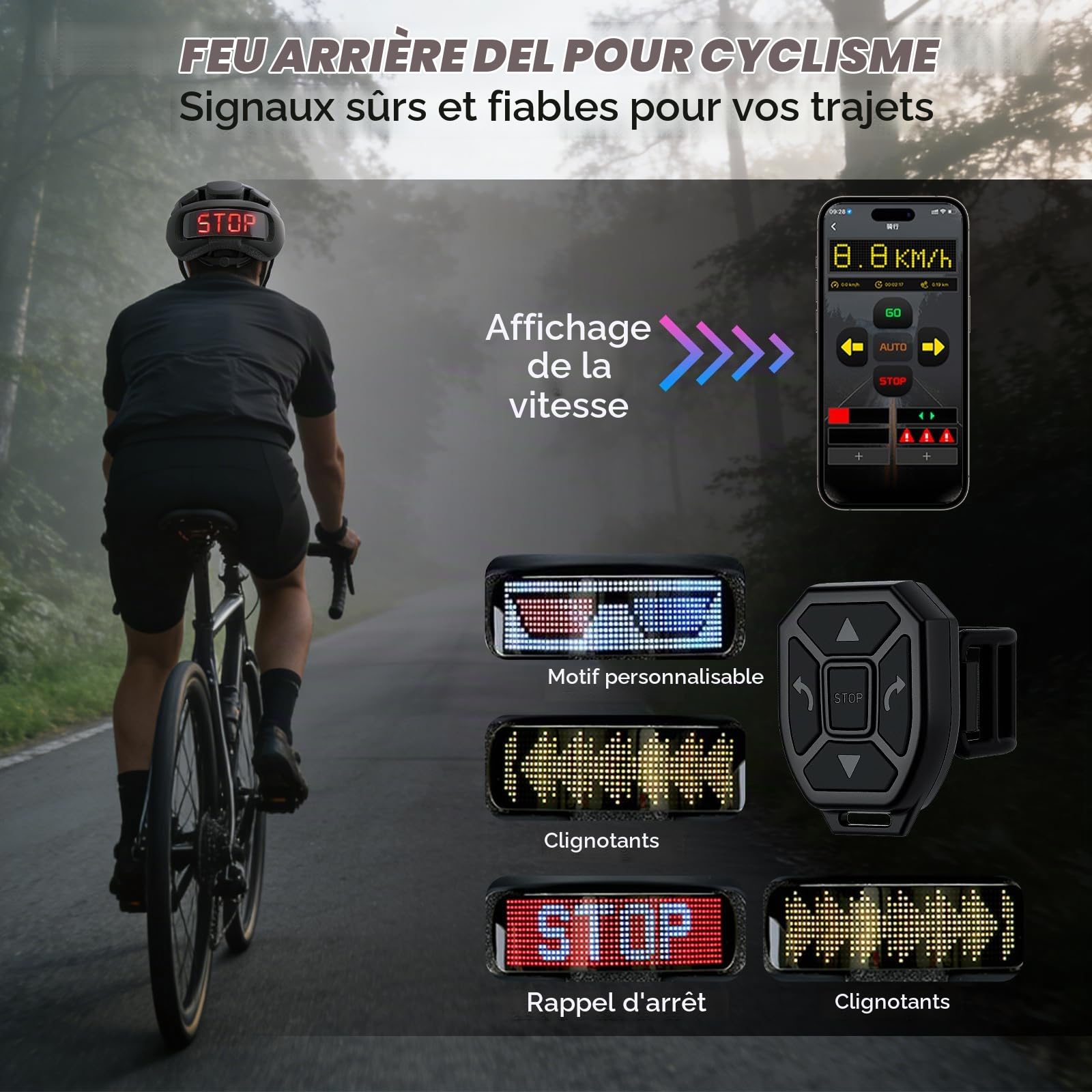 Casque de Vélo Connecté & Sécuritaire pour Hommes Femmes-Casque Intelligent avec Écran LED Personnalisable, Feux Arrière de Freinage, Clignotants et Alerte Lumineuse pour VTT, Route, E-Bike et Scooter