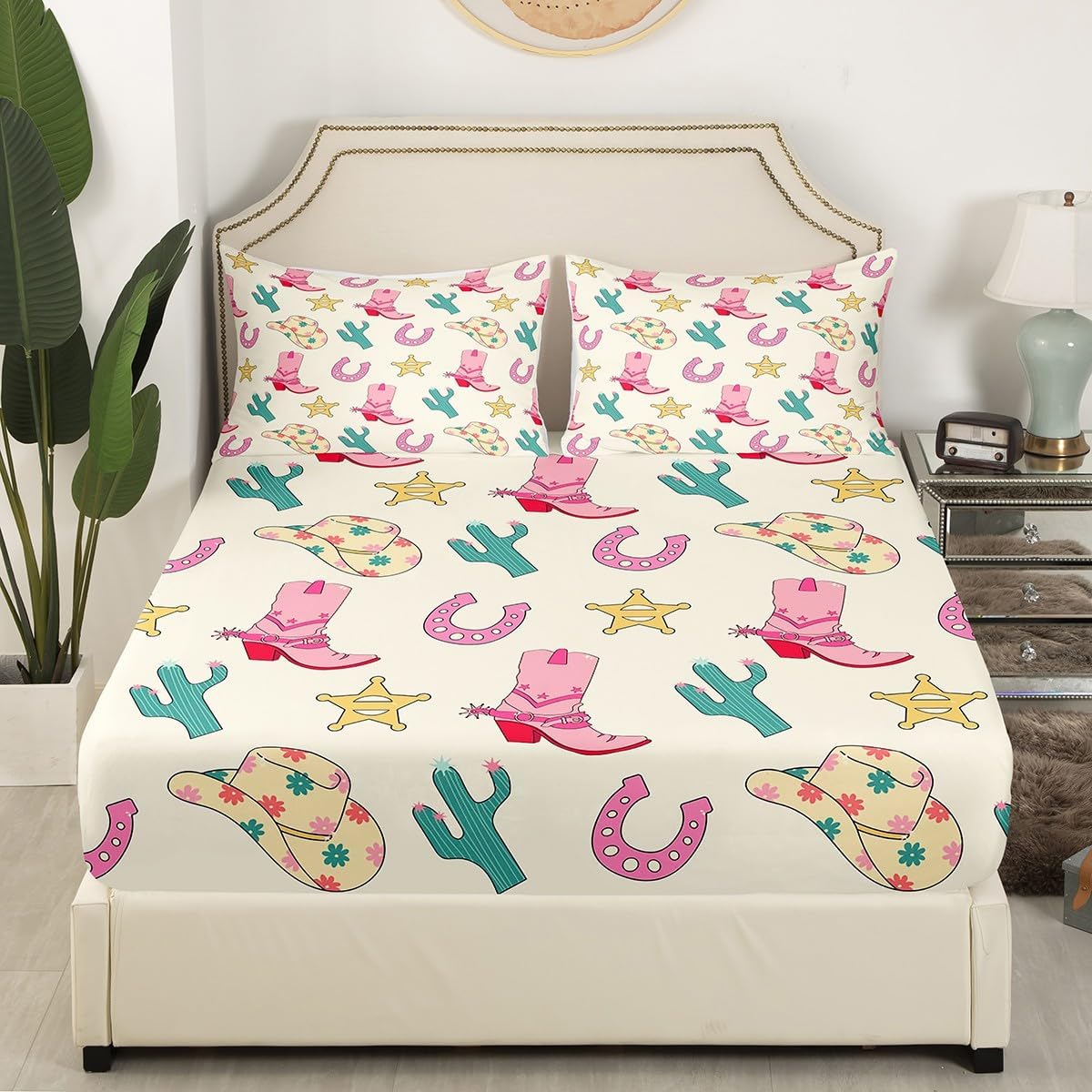 Feelyou Western Decor Bed Sheets Set Queen Size Wild West Cowboy Sheet Set for Kids Boys Girls Decor Cowboy Boots Cowboy Hat Horseshoe Cactus Sheets with Deep Pocket Fitted Sheet Pink Bedding Set