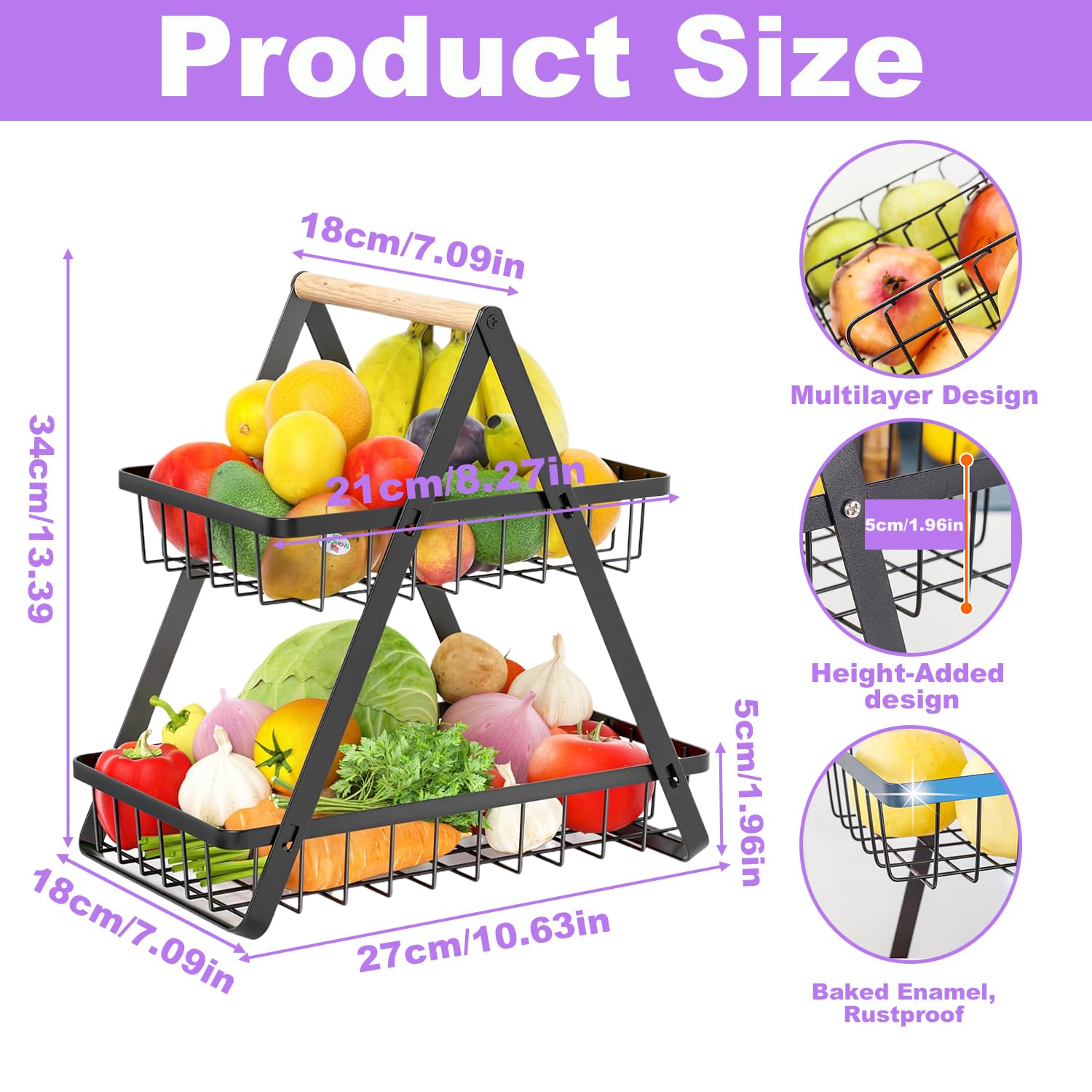 2 Tier Fruit Basket,Vegetable Rack,Bread Basket,Detachable Mesh Fruit Baskets With Wooden Handle,Vegetable Storage Rack For Kitchens Home,Office,Vegetables,Onion,Banana,Potato,Snack Basket(Black) - Image 2