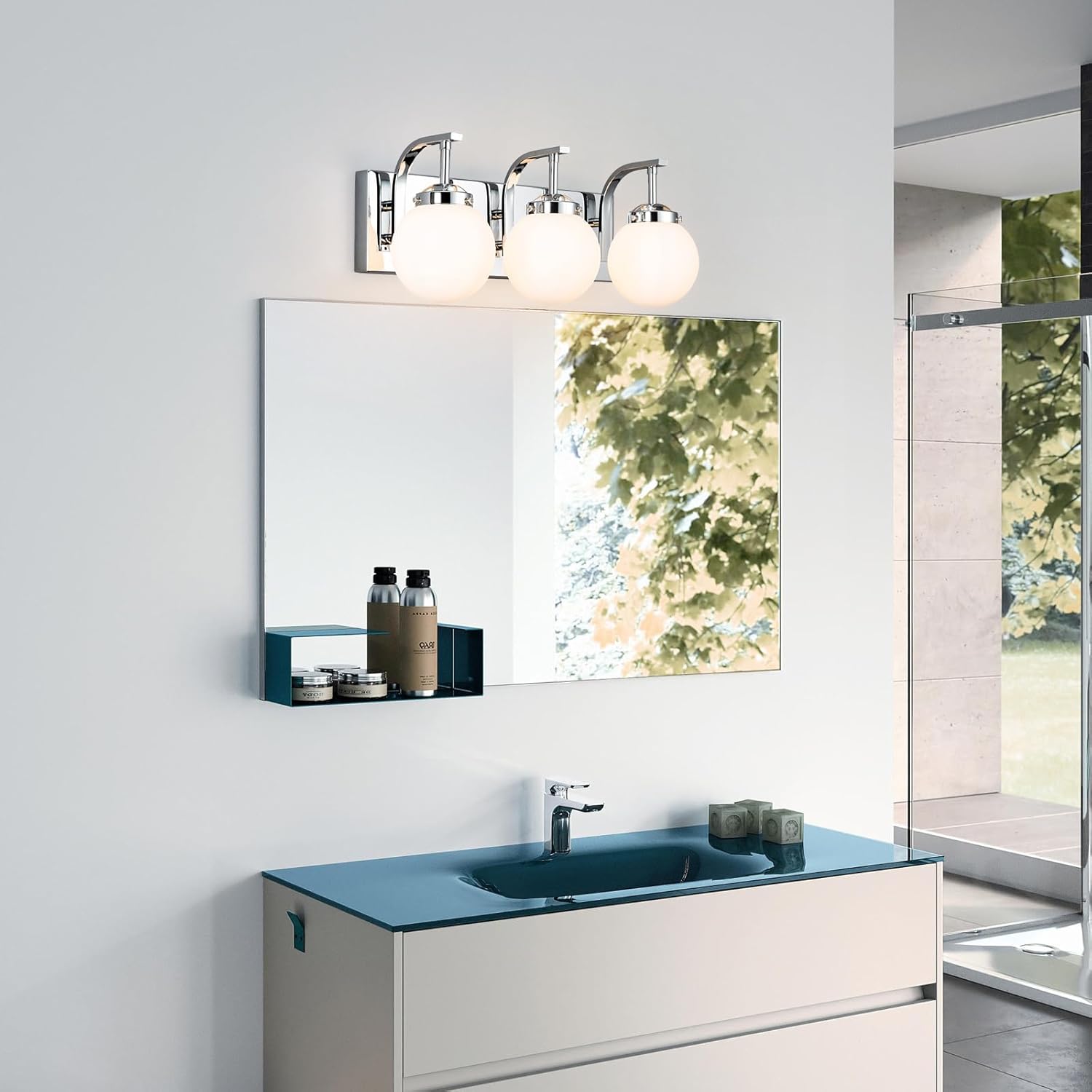 3 Lights Bathroom Vanity Light Fixtures Modern Chrome Vanity Light with Milk White Glass Globe Shade Bathroom Lighting Over Mirror Wall Sconce for Bedroom Living Room Hallway