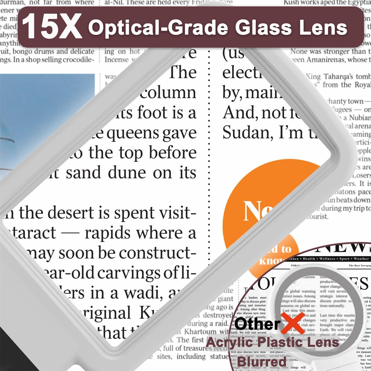 15X Magnifying Glass with Light and Stand, Real Glass Lens, Rechargeable Foldable Handheld Magnifier, 3 Color Modes Dimmable Lighted Page Magnifier for Reading Fine Prints, Low Vision Seniors - Image 2