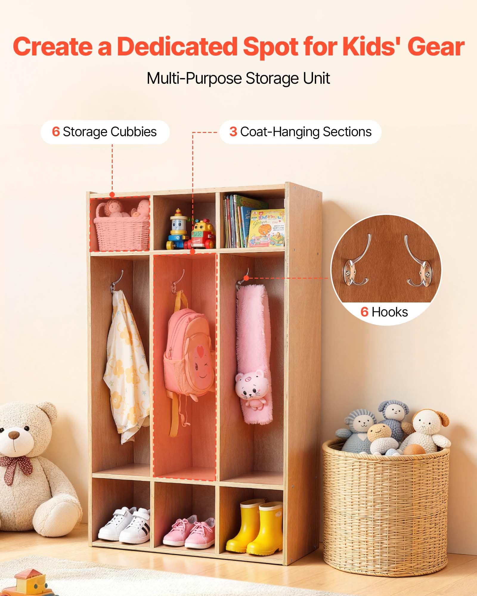 VEVOR Vestiaire 3 Enfants Ouvert, Penderie pour Enfants en Bois, Rangement pour Crèche Maternelle Garderie Maison, Meuble d'accueil Scolaire avec Casiers à Manteau et à Chaussures, Cases Supérieures