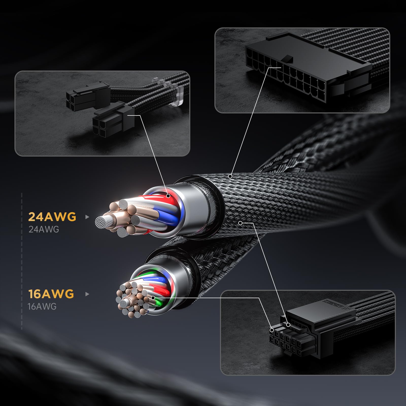 AsiaHorse PCIE 5.0 12VHPWR Zestaw kabli z oplotem, przedłużacz PSU 16AWG, PC Netzteil Sleeved Kable, kabel przedłużający 24PIN-ATX/(4+4) PIN-CPU/(12+4) PIN-GPU, 30CM, czarny