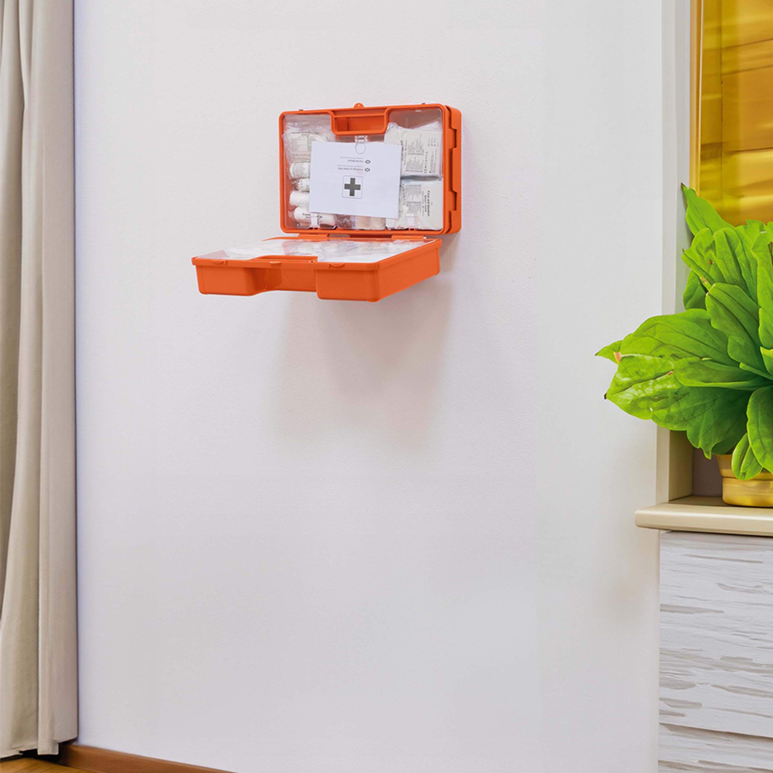 PETEX Botiquín profesional de primeros auxilios con contenido según la nueva norma DIN 13169, incluye práctico soporte de pared, 5 pegatinas, botiquín de primeros auxilios, en color naranja para