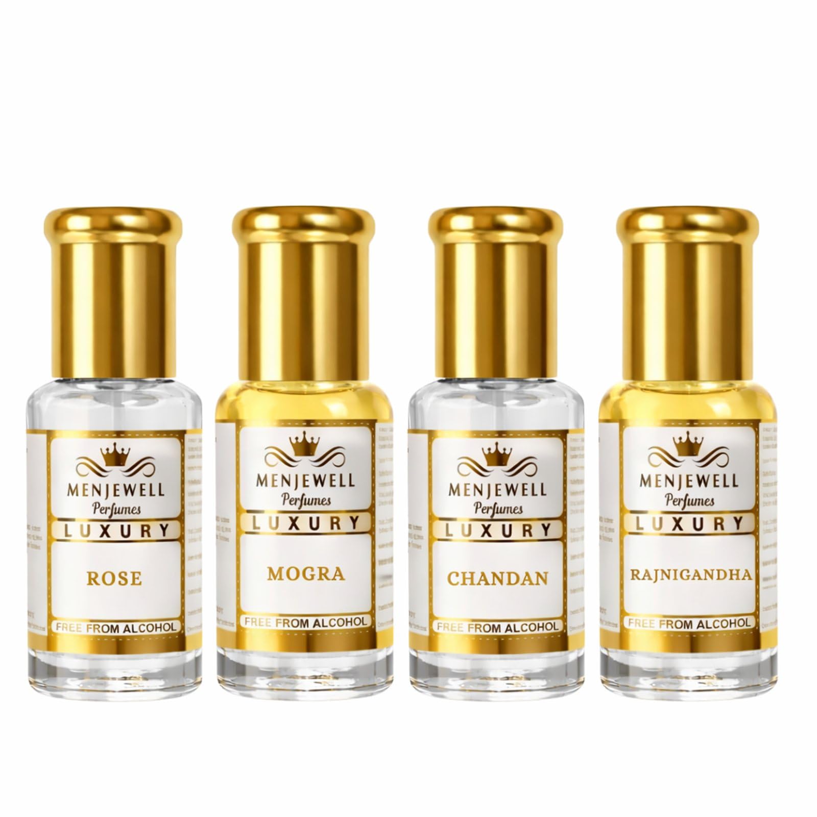 Menjewell Rose Fresh, Chandan-E-Khaas, Royal Mogra & Rajnigandha Perfume Floral Attar, 6 Ml (Pack Of 4)