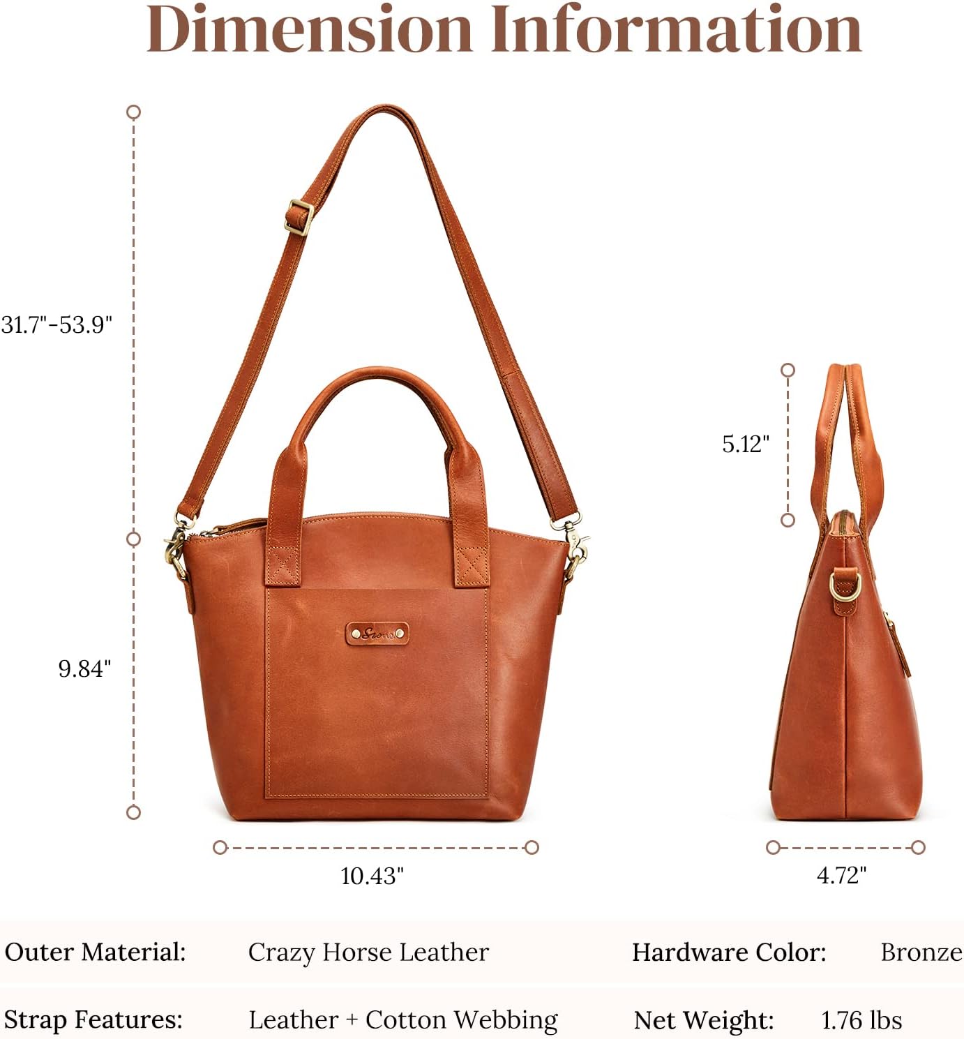 S-ZONE Genuine Leather Satchel Bags for Women Crossbody Tote Top-Handle Handbags Shoulder Purse Medium - Image 4