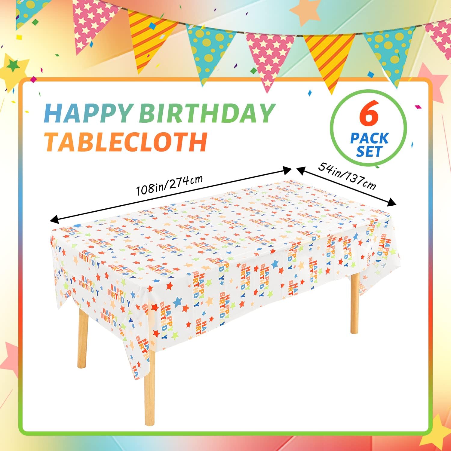 JHDZDHY 6 Pack Happy Birthday Plastic Tablecloths,108" x 54"Rectangle Disposable Table Covers for Picnic Birthday Wedding Parties … : Home & Kitchen
