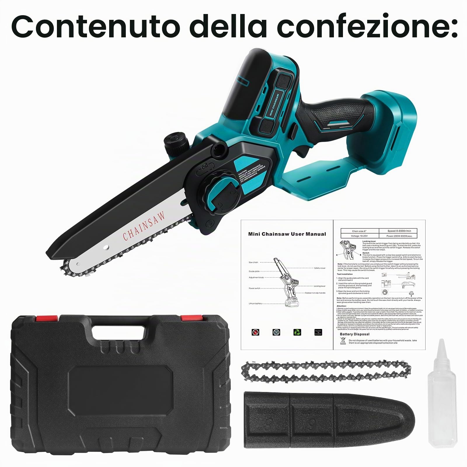 Mini motosega 15 cm compatibile con batteria Makita 18V, motosega da potatura brushless con lubrificazione automatica per taglio del legno e giardinaggio (senza batteria e olio catena)