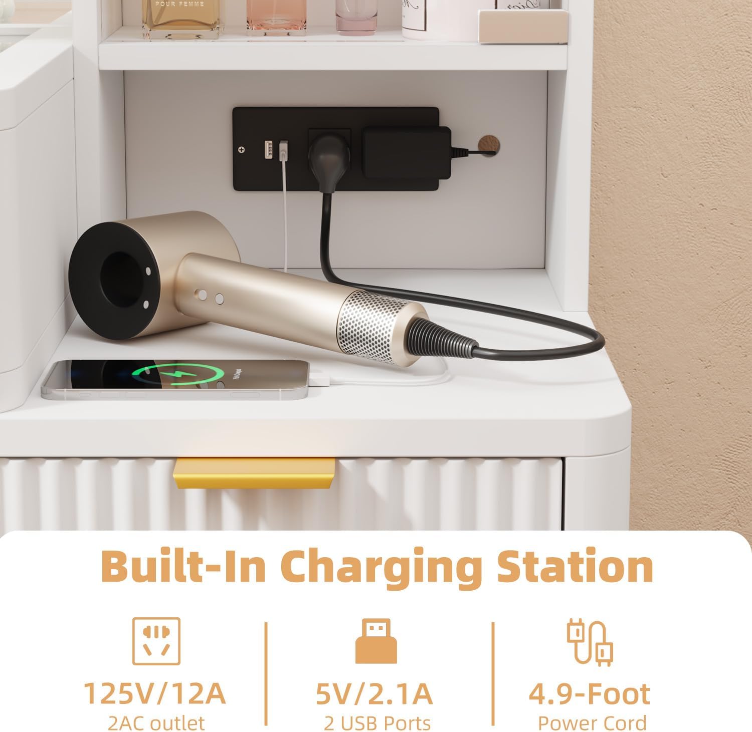 Visible glass tabletop displaying organized jewelry and cosmetics in drawers